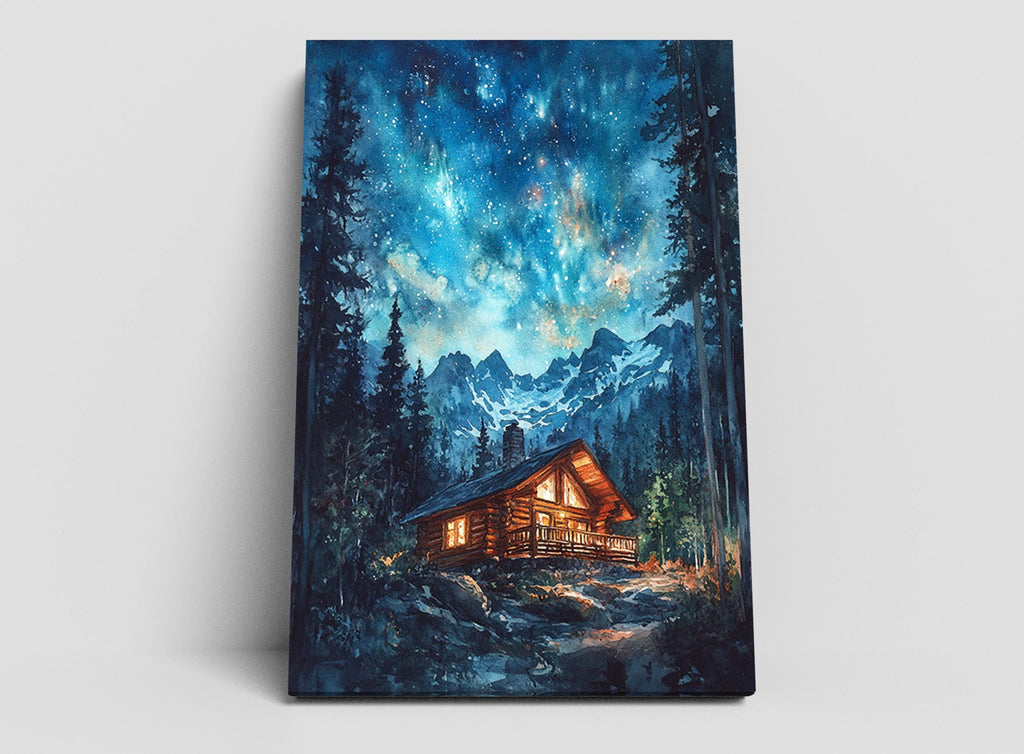 a cozy cabin nestled in a serene forest, with a starry night sky overhead and a breathtaking mountain landscape in the background.