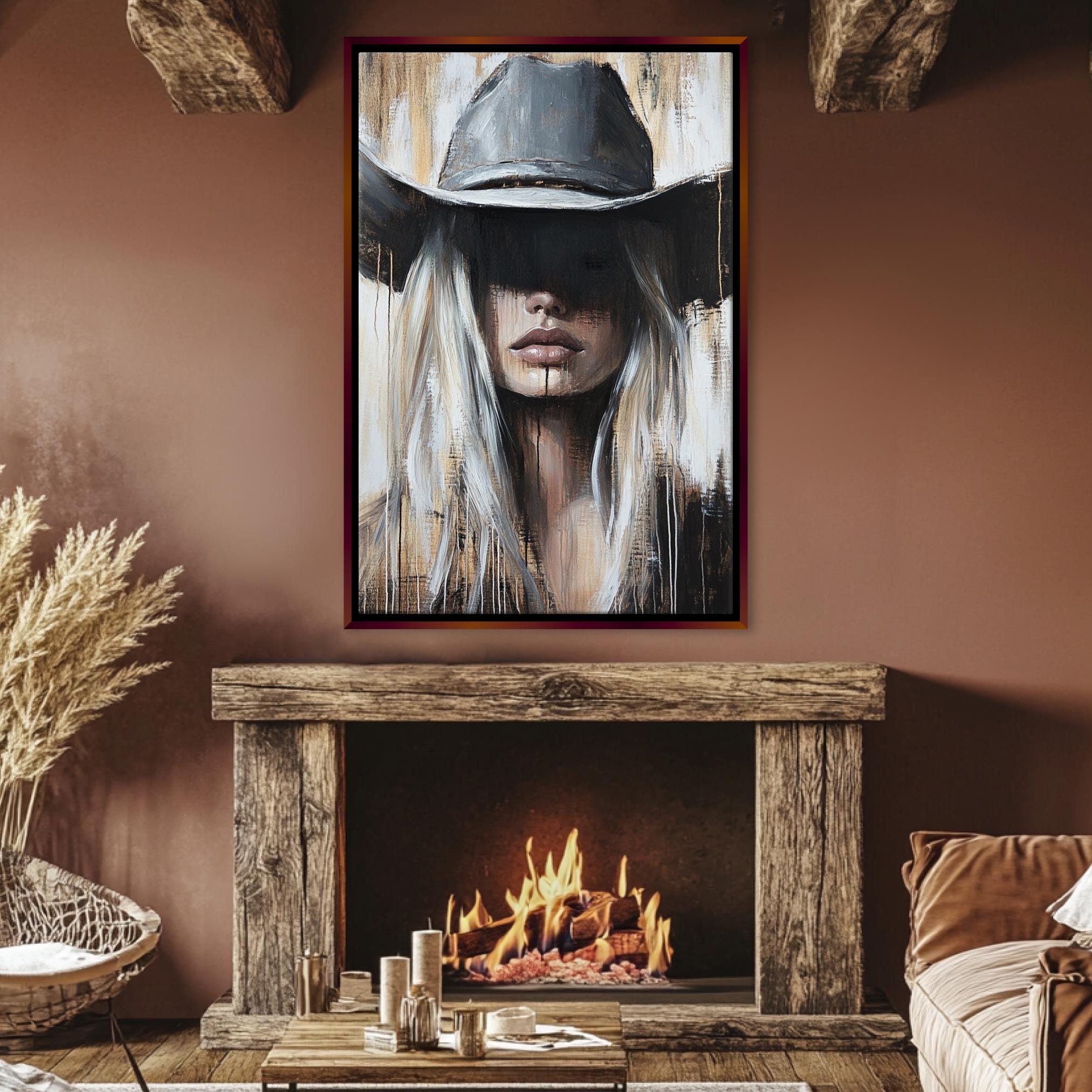 a painting of a woman wearing a cowboy hat
