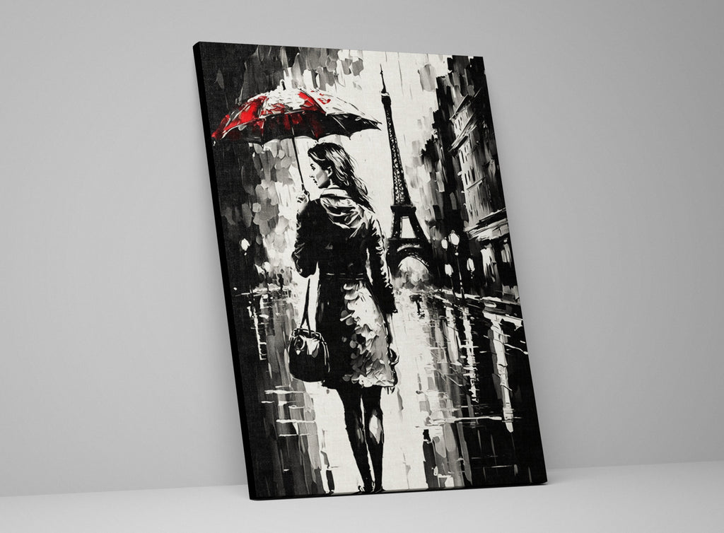 Parisian Cityscape Canvas – Monochrome Wall Art With Red Umbrella, Vintage Paris Print