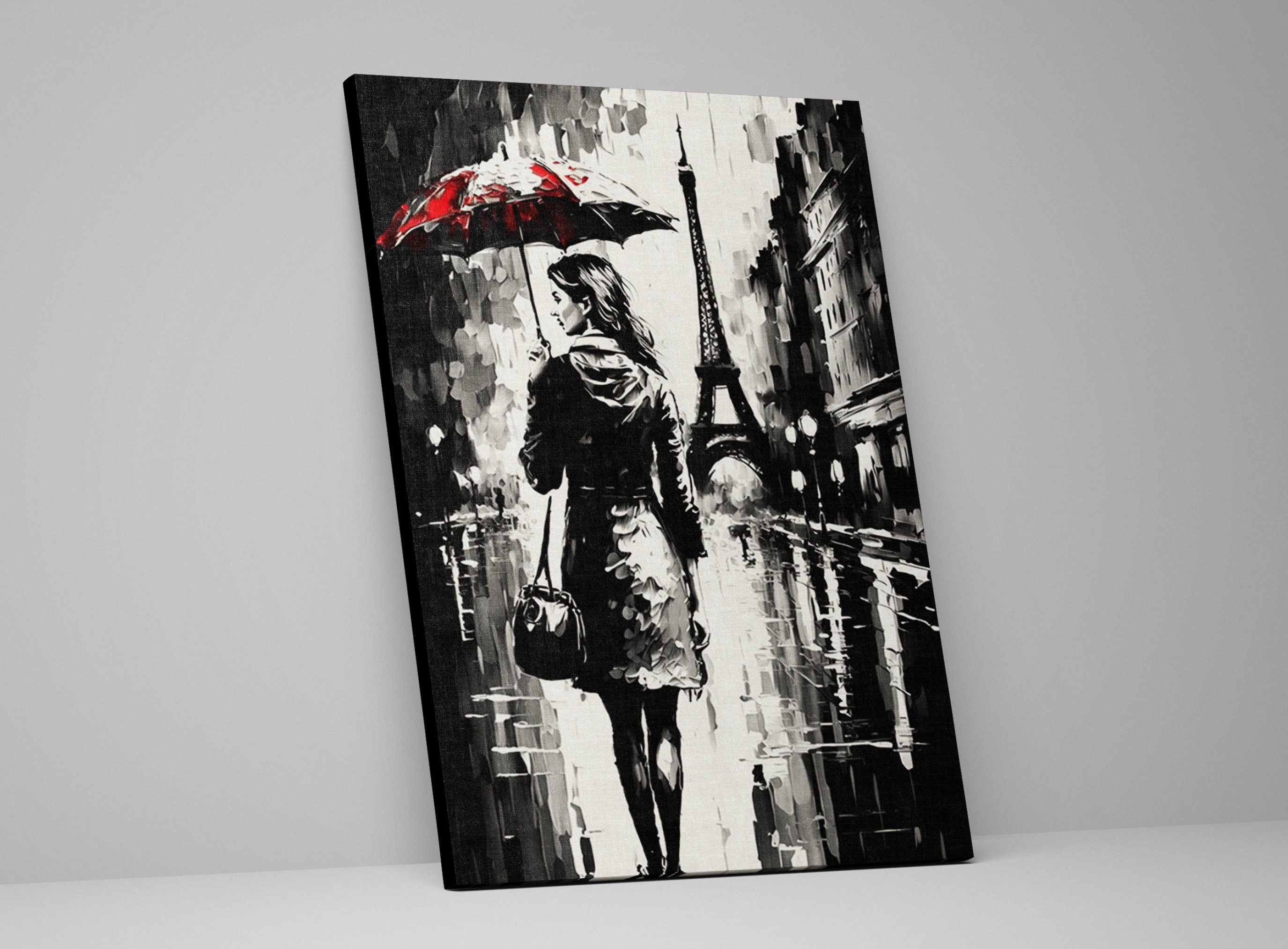 Parisian Cityscape Canvas – Monochrome Wall Art With Red Umbrella, Vintage Paris Print
