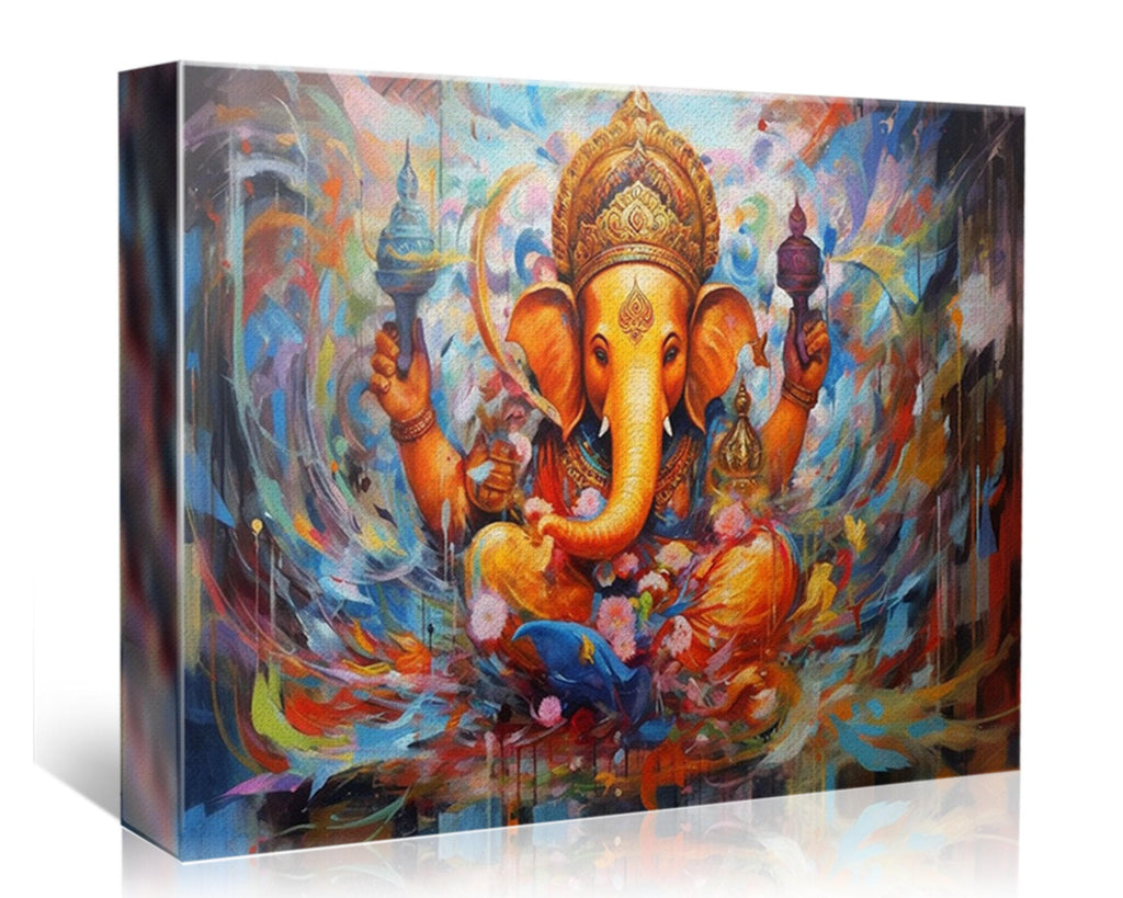 Ganesha Canvas Art – Large Hindu Wall Art With Wooden Frame | Vibrant Spiritual Painting