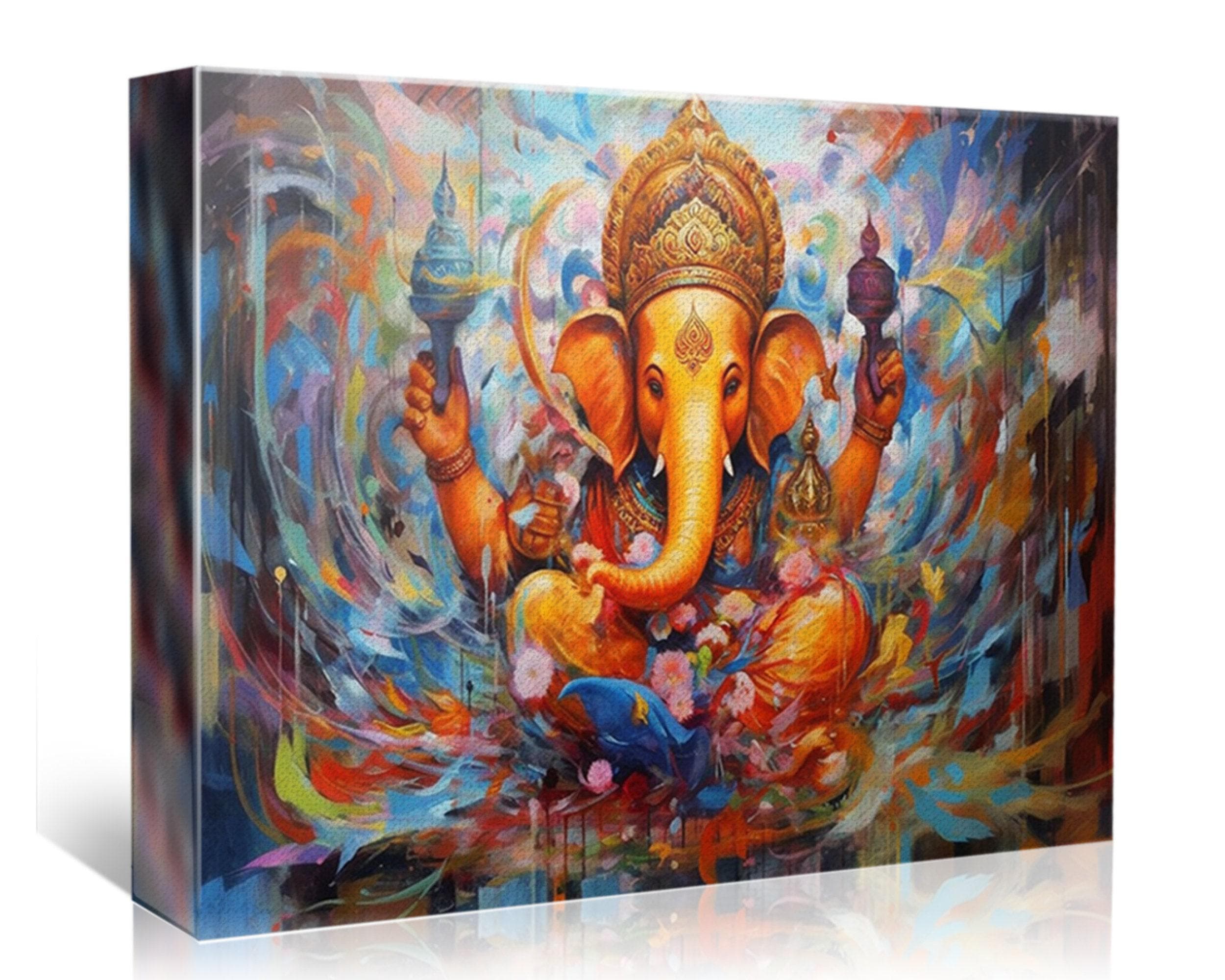 Ganesha Canvas Art – Large Hindu Wall Art With Wooden Frame | Vibrant Spiritual Painting
