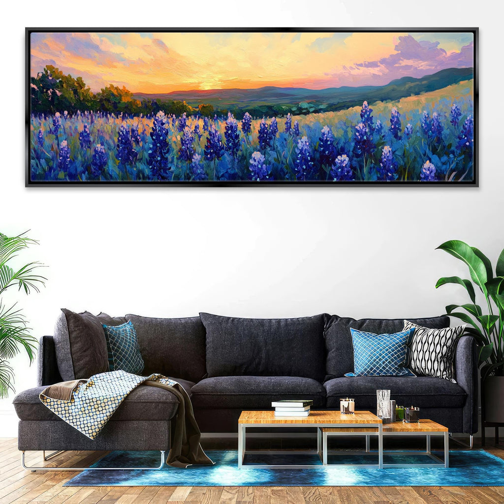a living room with a couch and a painting on the wall