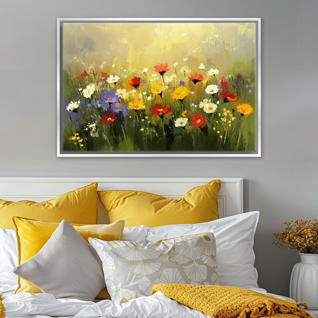 a painting of a field of flowers on a wall above a bed