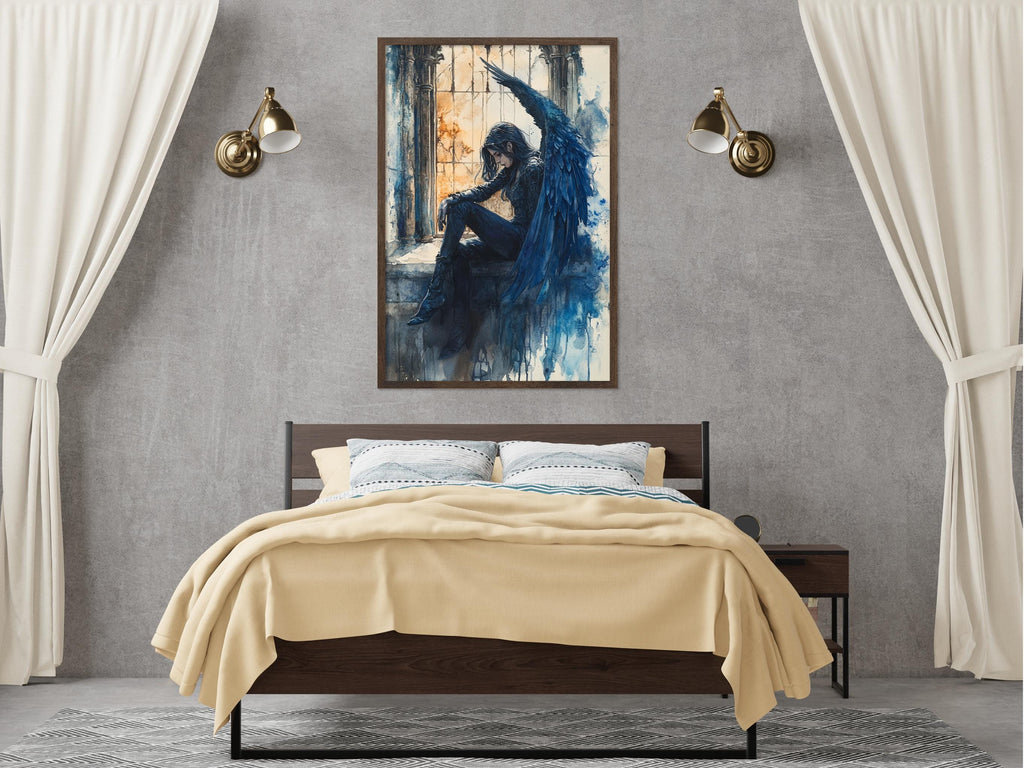 a bedroom with a large bed, a nightstand, and a framed painting of a woman with a blue winged figure above the bed.