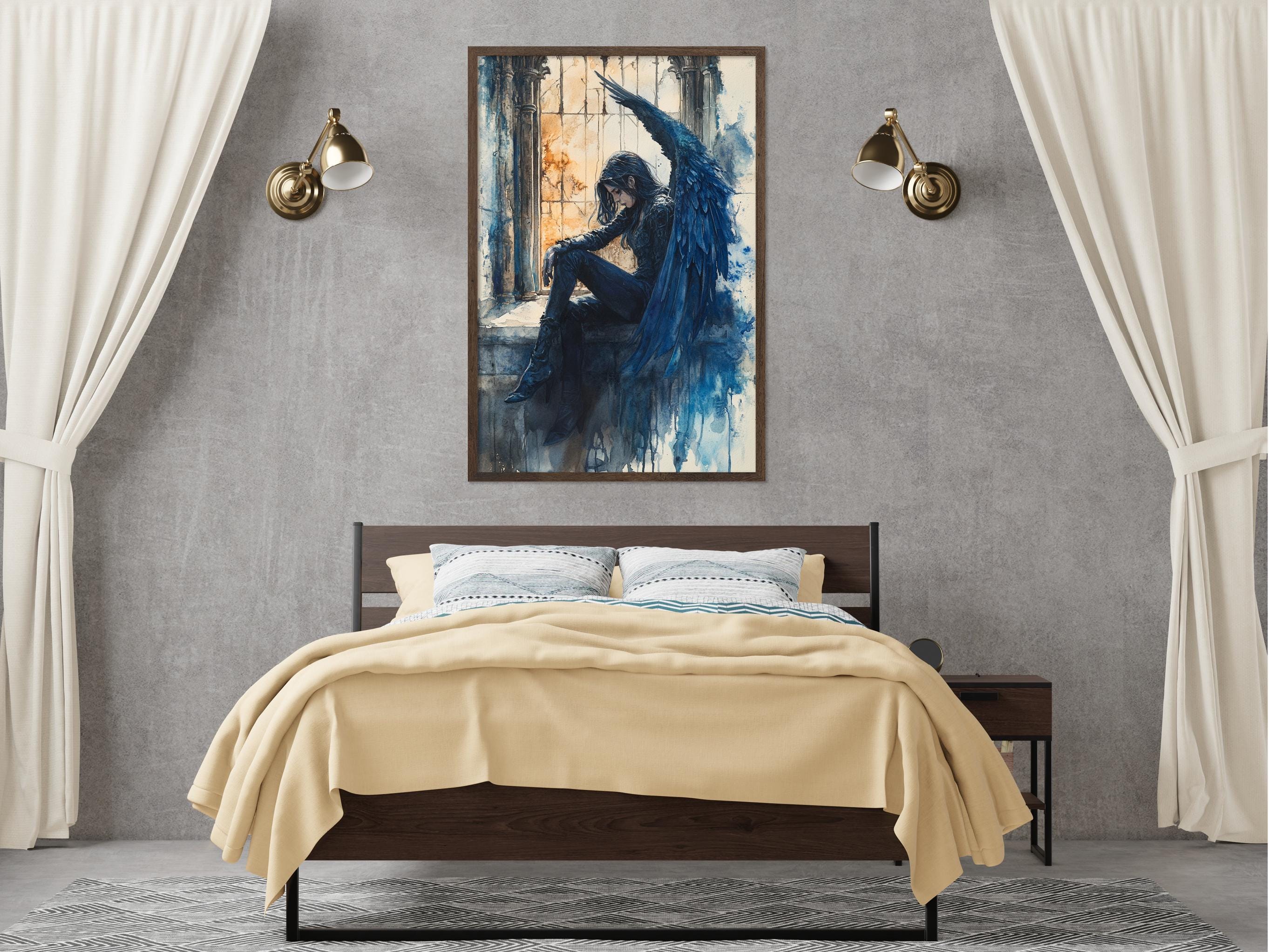 a bedroom with a large bed, a nightstand, and a framed painting of a woman with a blue winged figure above the bed.
