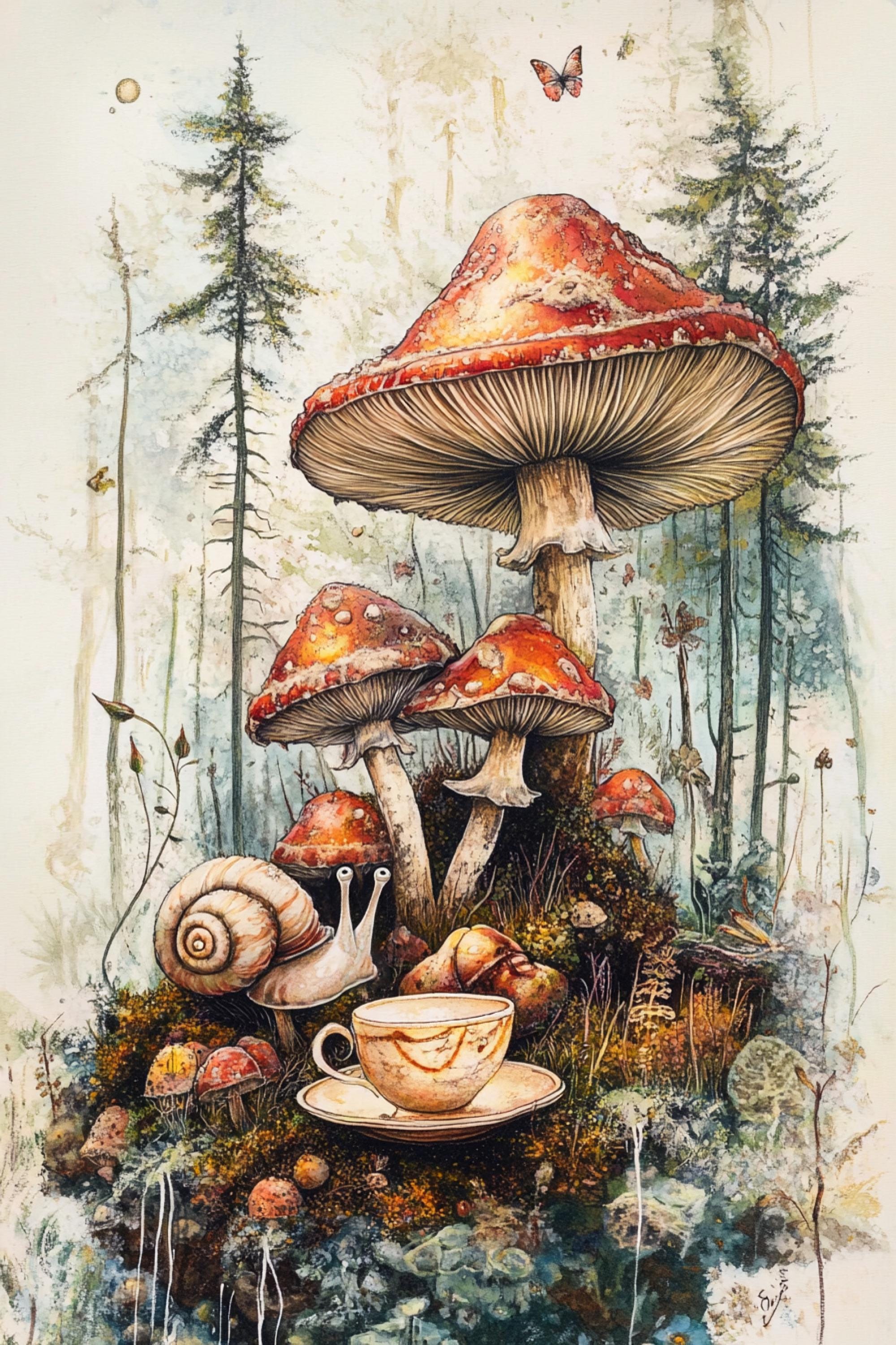 A whimsical scene featuring a large red mushroom, a snail, and a cup of tea, surrounded by a lush forest and other mushrooms.