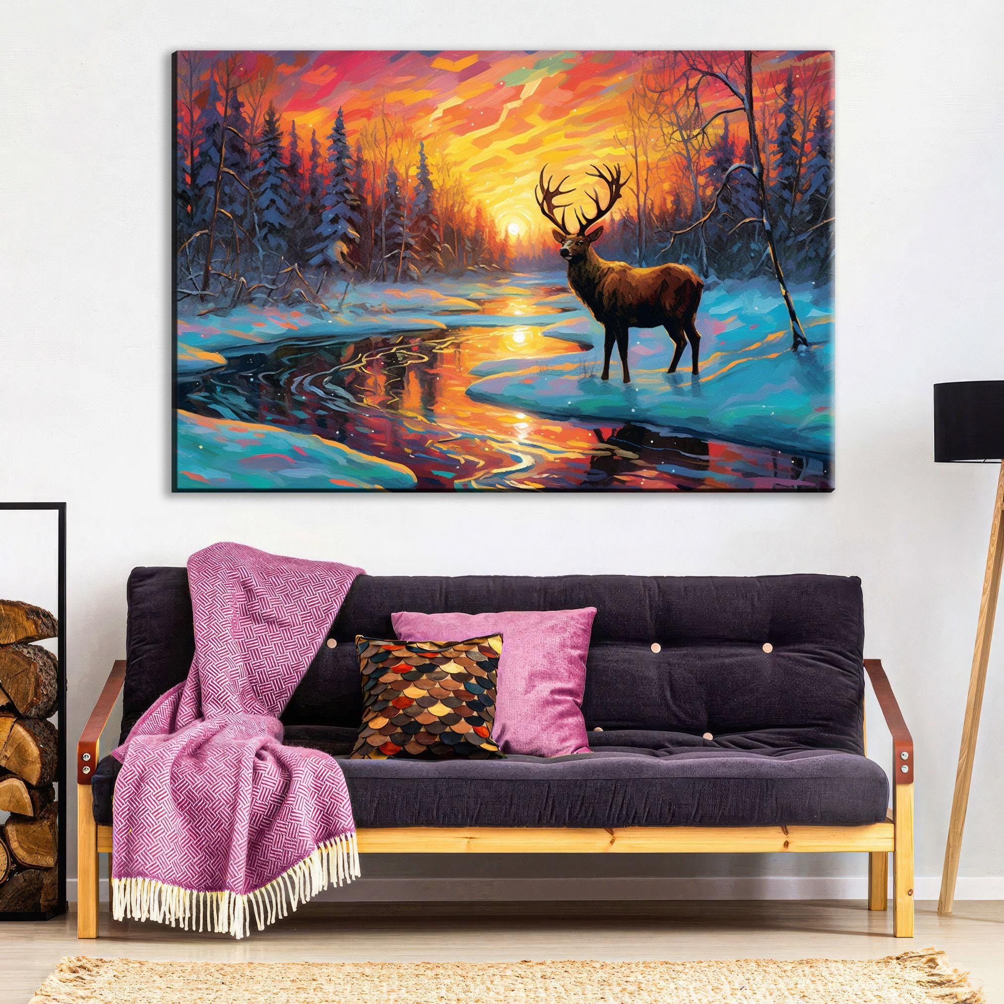 Winter Deer Sunset Art – Vibrant Snowy River Painting on Gallery Wrapped Canvas