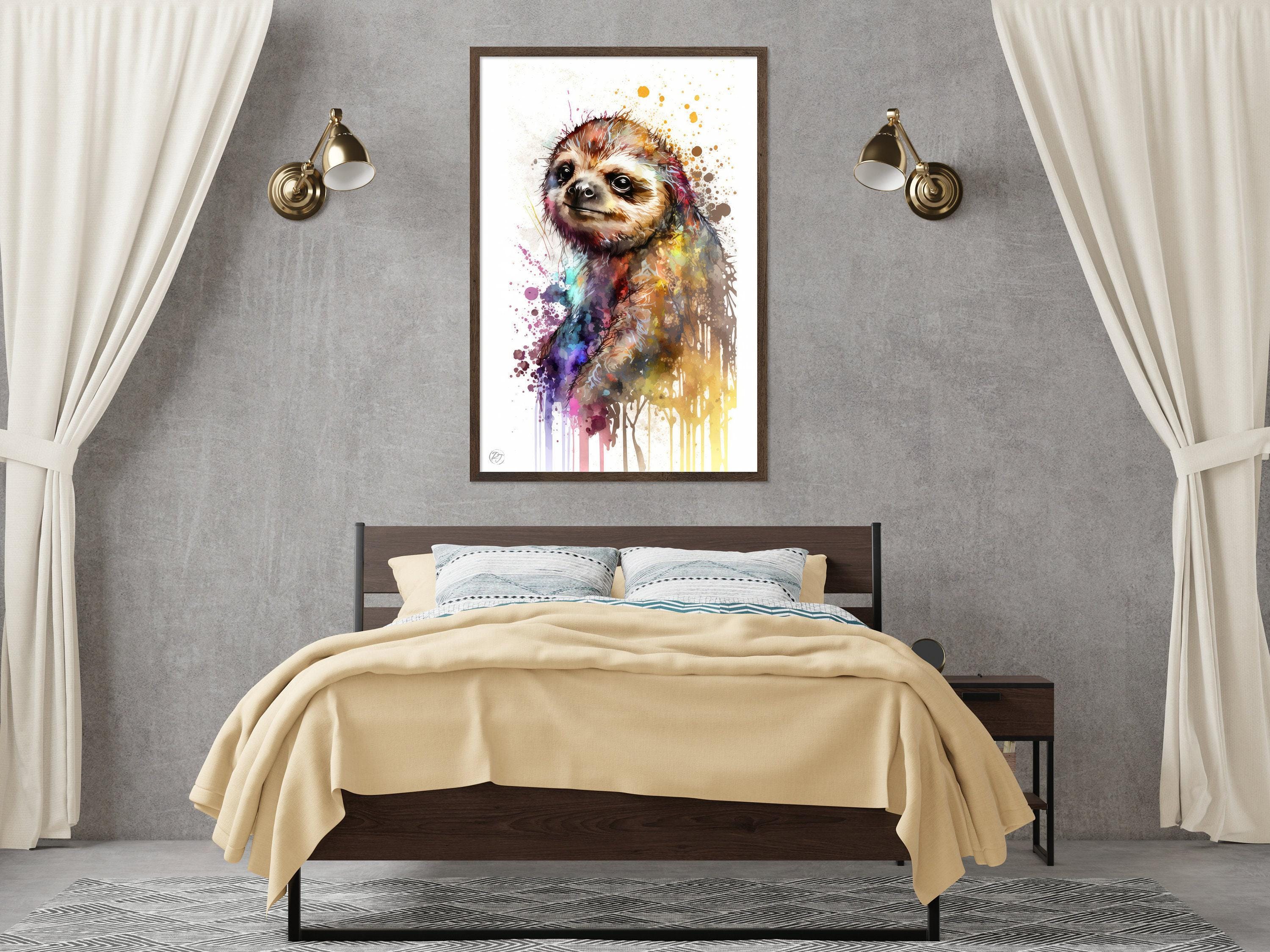 Sloth Watercolor Art Print, Nursery Animal Canvas Print, Cute Decor, Framed Kids Wall Art