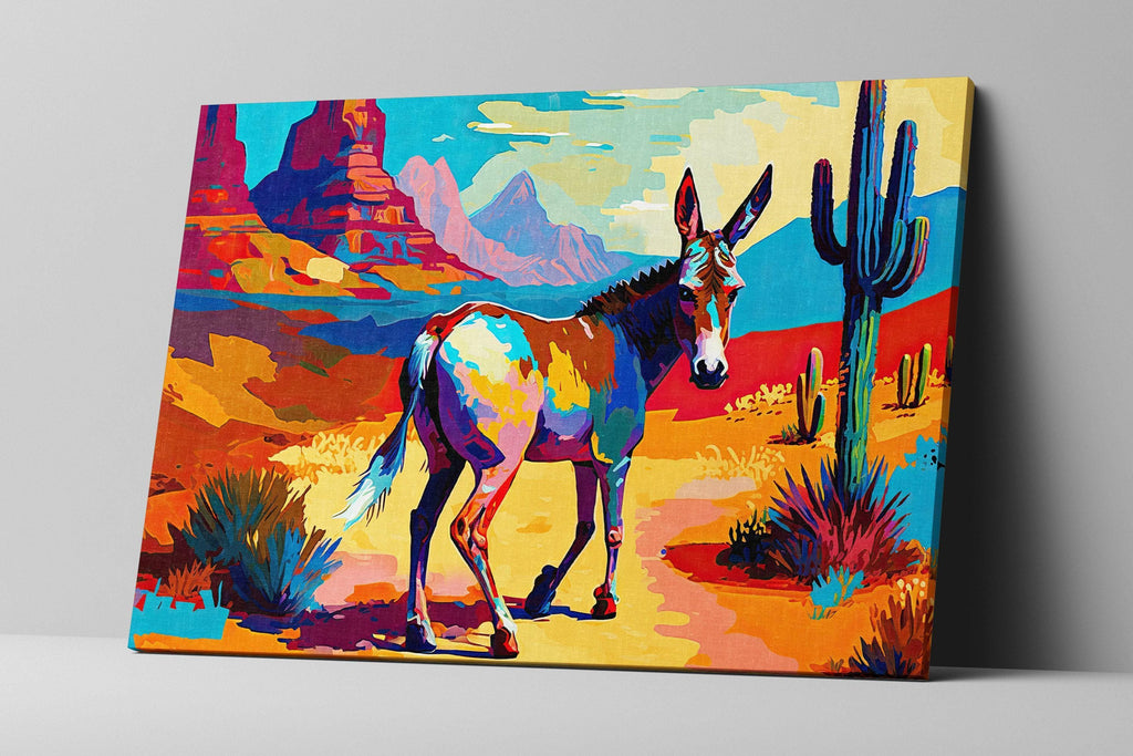 A vibrant painting depicting a donkey standing in a desert landscape with mountains in the background.