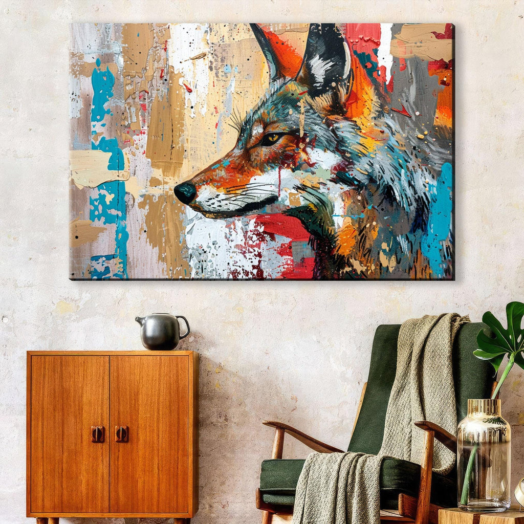 a large, colorful painting of a fox's head hanging on a wall above a wooden cabinet.