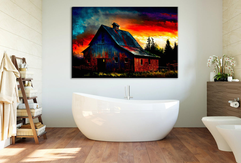 Farmhouse Canvas Art - Vintage Farm Landscape Art | Large Canvas Print With Wood Frame