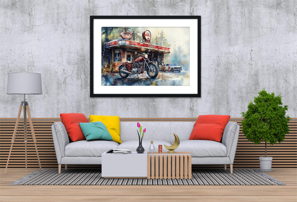 a living room with a gray sofa, a coffee table, and a framed painting of a motorcycle on the wall.