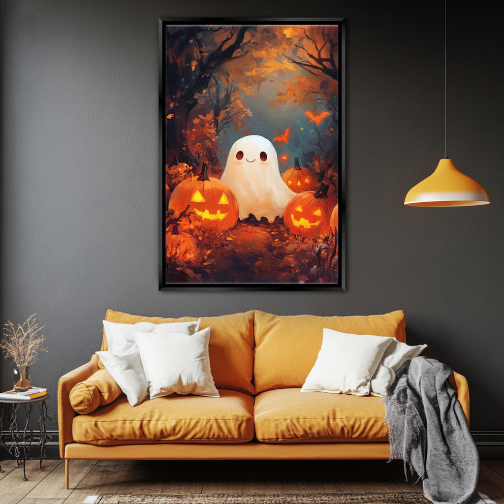 Cute Ghost Wall Art – Extra Large Halloween Canvas | Festive Pumpkin Painting