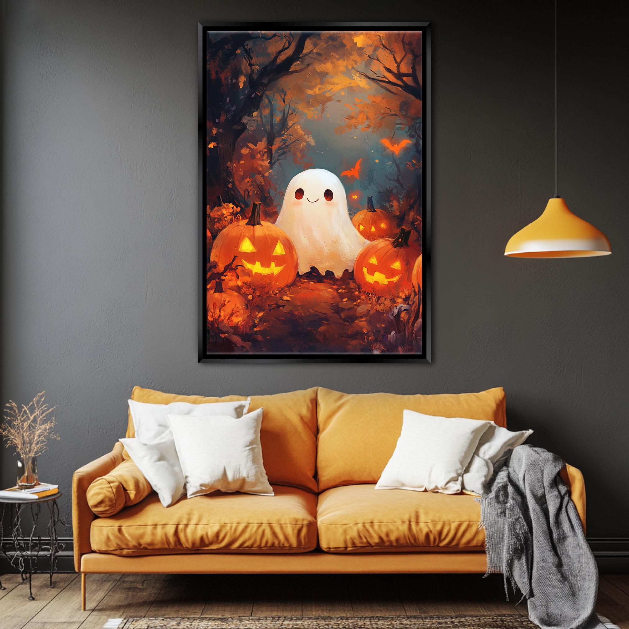 Cute Ghost Wall Art – Extra Large Halloween Canvas | Festive Pumpkin Painting