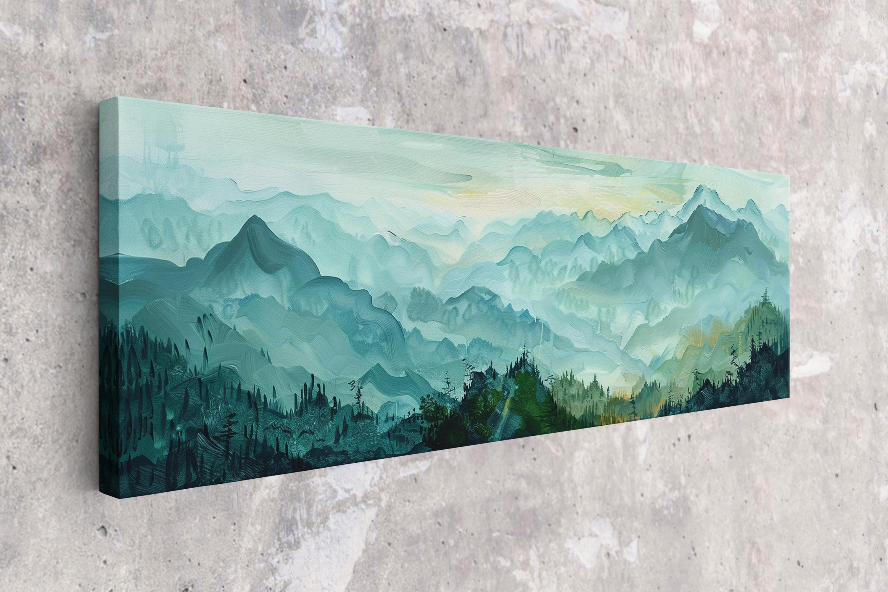 Panoramic Mountain Canvas - Large Wall Art | Framed Canvas Art, Green Blue Mountains