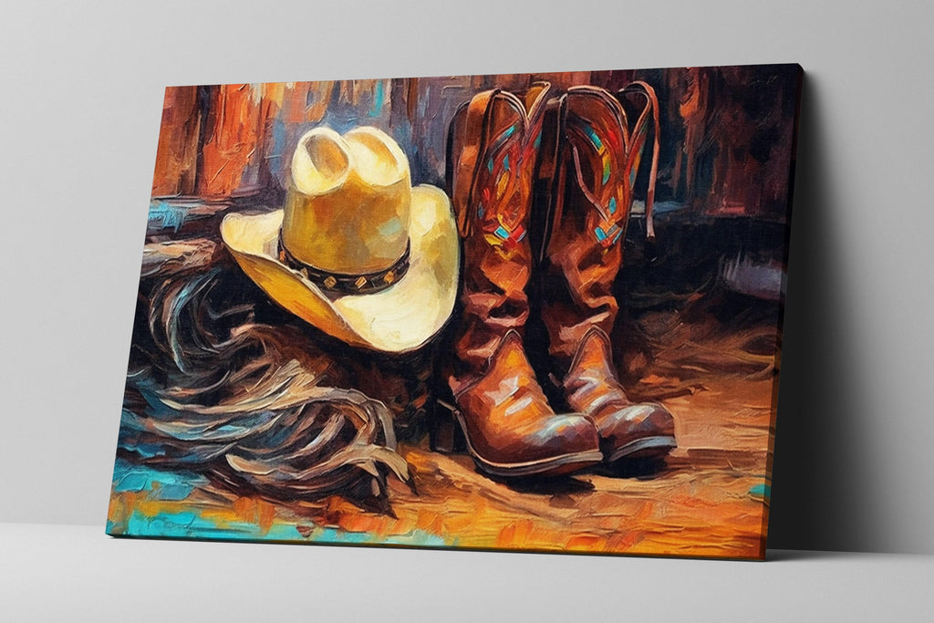 Texas Cowboy Wall Art – Large Cowboy Boots Canvas Print | Rustic Western Artwork