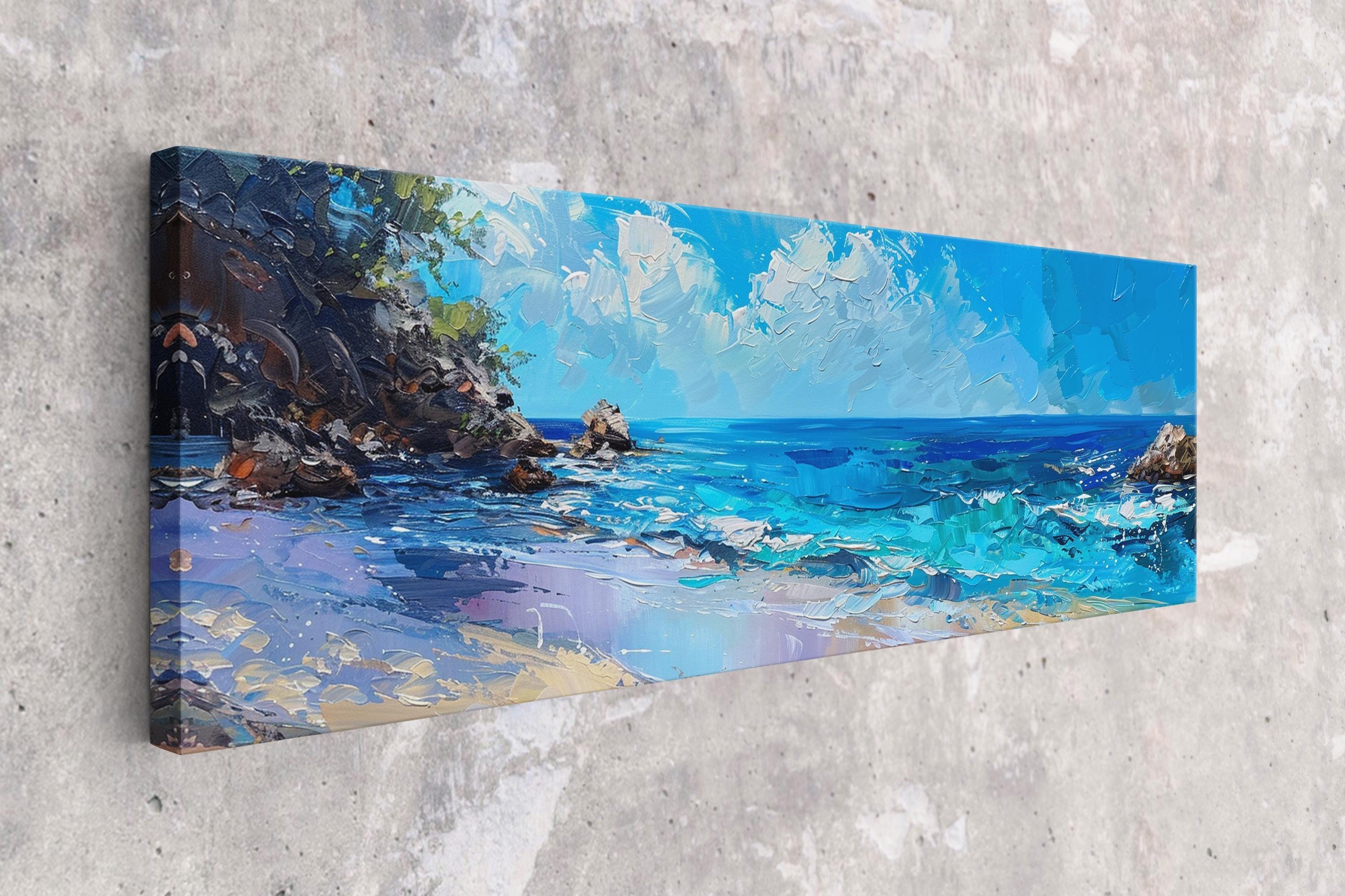 Coastal Wall Art - Large Framed Canvas With Blue Ocean Panorama, Ready to Hang
