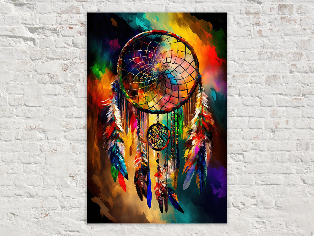 Dreamcatcher Art Print – Native American Canvas with Vibrant Peacock Design