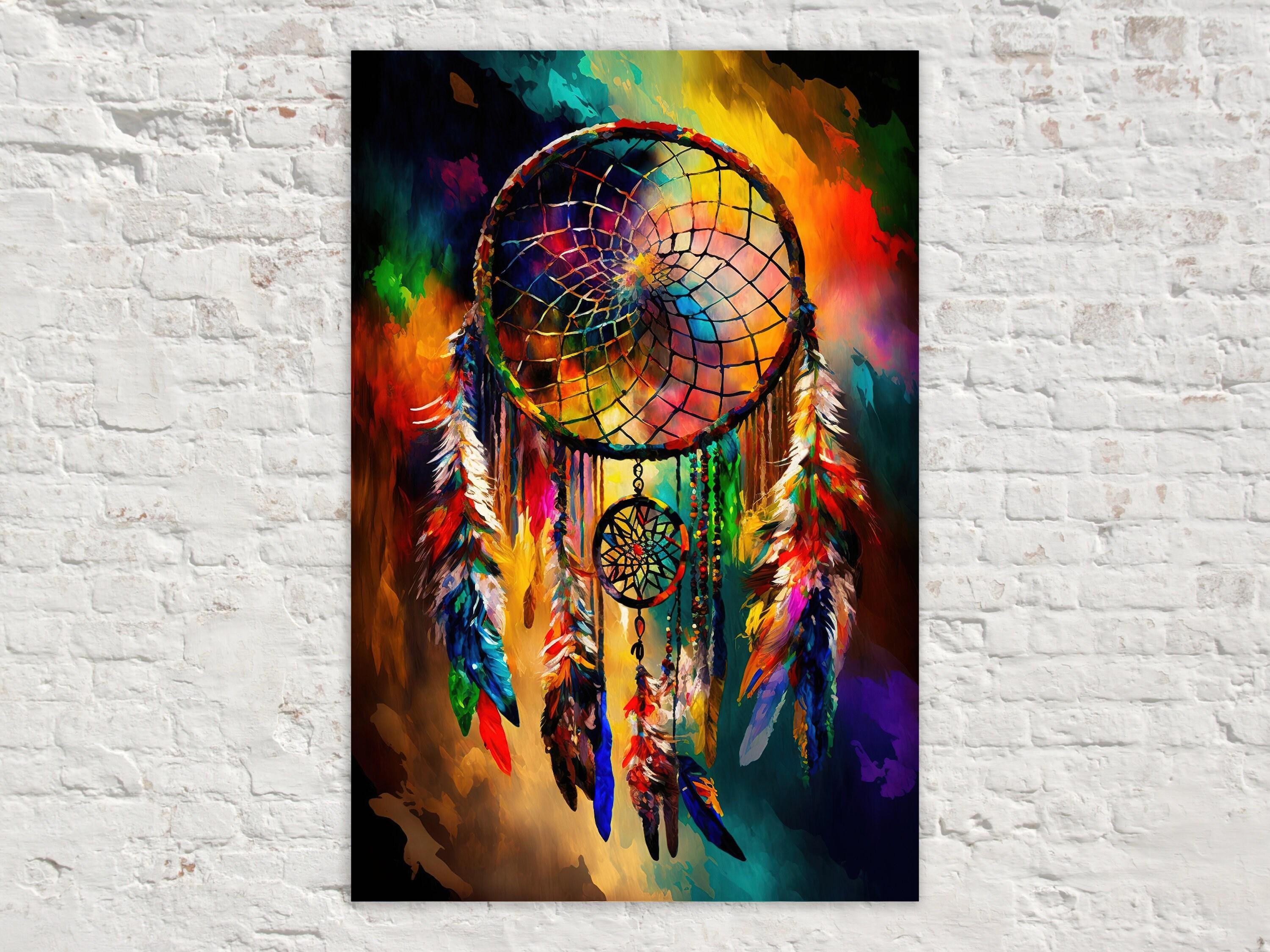 Dreamcatcher Art Print – Native American Canvas with Vibrant Peacock Design
