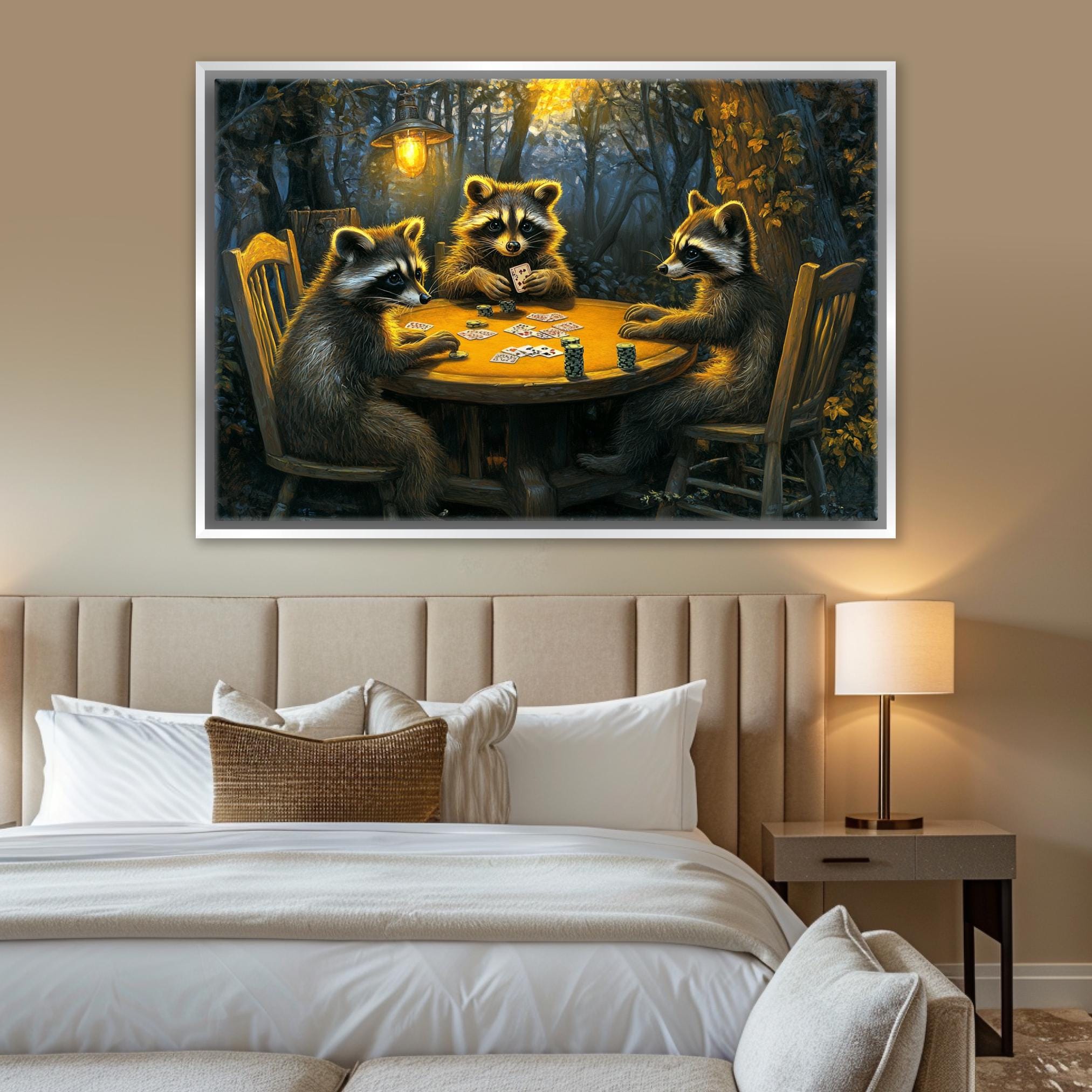 a painting of raccoons playing cards at a table