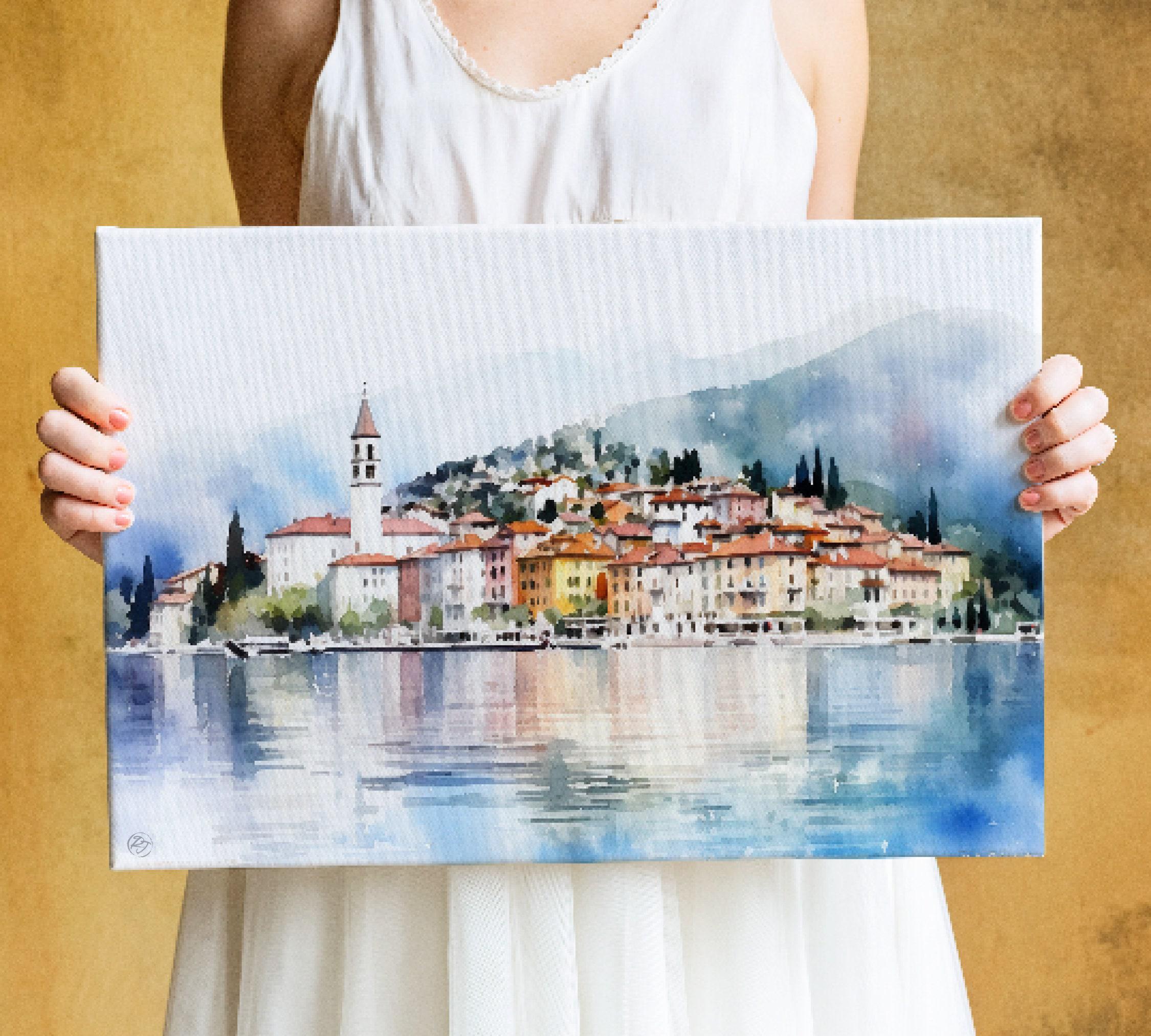 Lake Como Serenity: Bellagio Italy Watercolor Art, Giclee Print on Canvas, Artist Paper, Watercolor Paper, Available in Extra Large Sizes