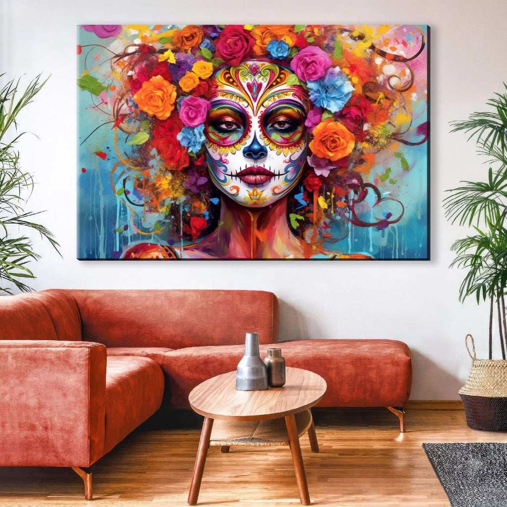 a large, colorful painting of a woman's face with intricate floral and geometric patterns, hanging on a wall above a red sofa in a living room setting.