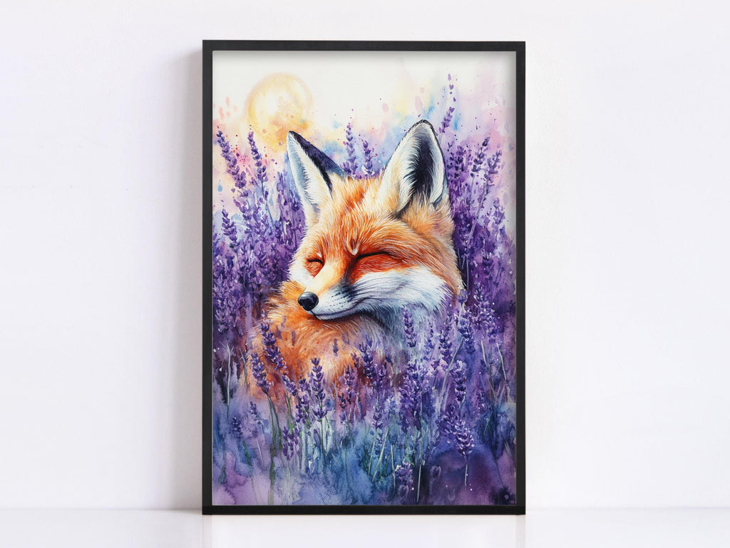 A framed painting depicting a fox resting in a field of purple flowers.
