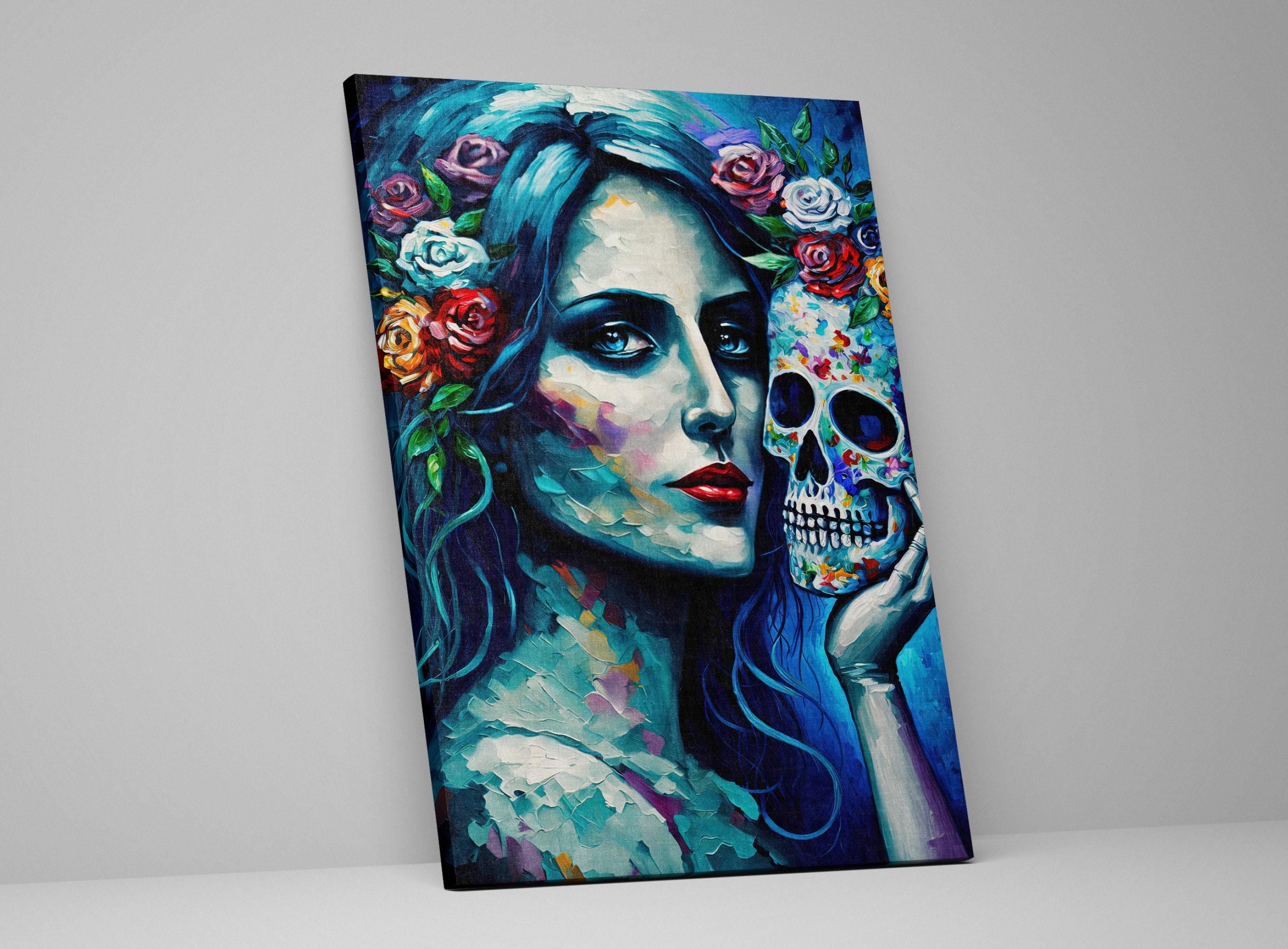 Blue Sugar Skull Canvas - Day of the Dead Art | Gallery Wrapped, Ready to Hang, Extra Large