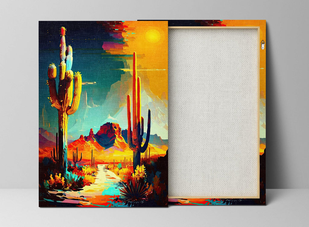 The image is a vibrant painting depicting a desert landscape with cacti and mountains in the background.
