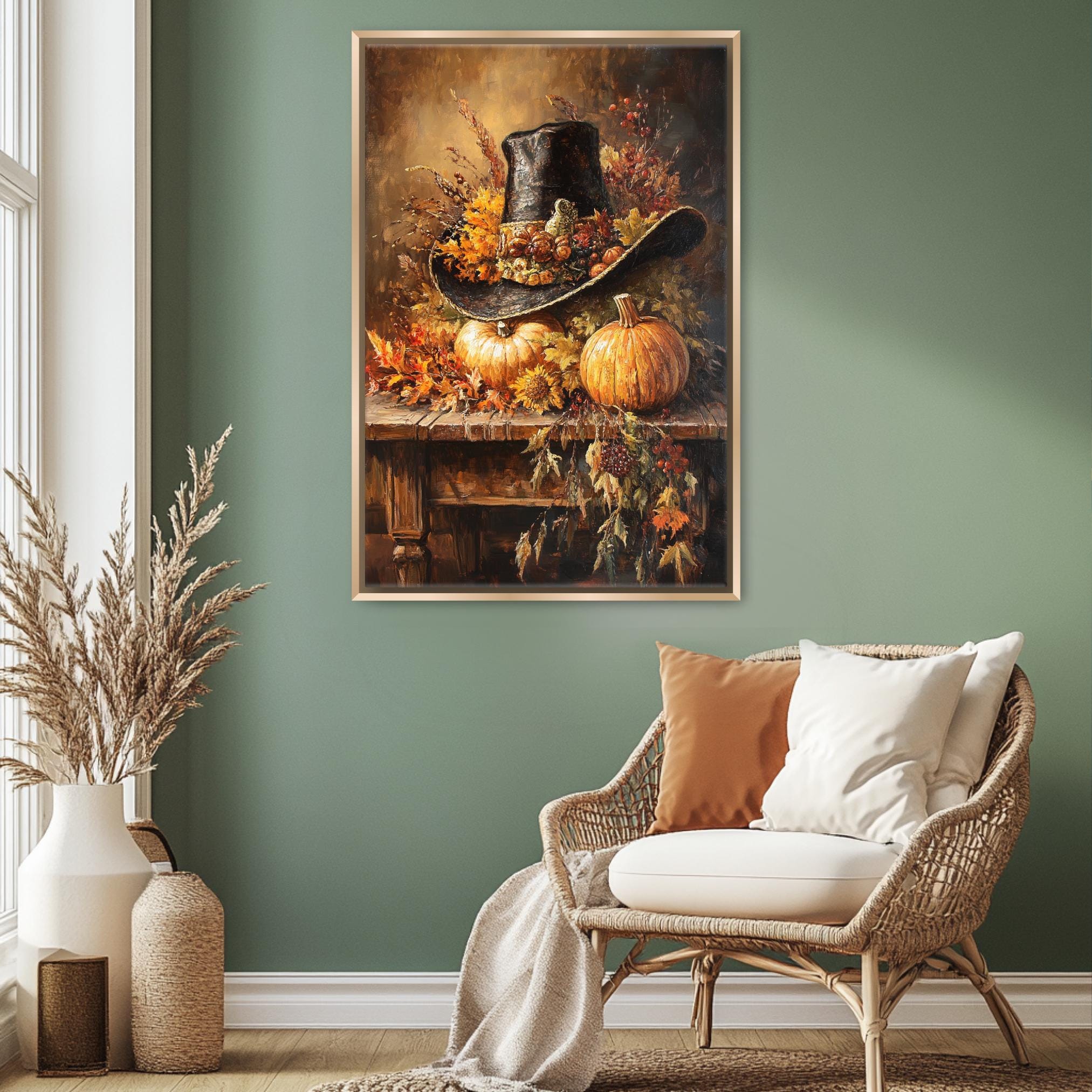 a cozy living room with a wicker chair, a framed painting of pumpkins and a hat on a shelf, and a vase of dried flowers on the floor.