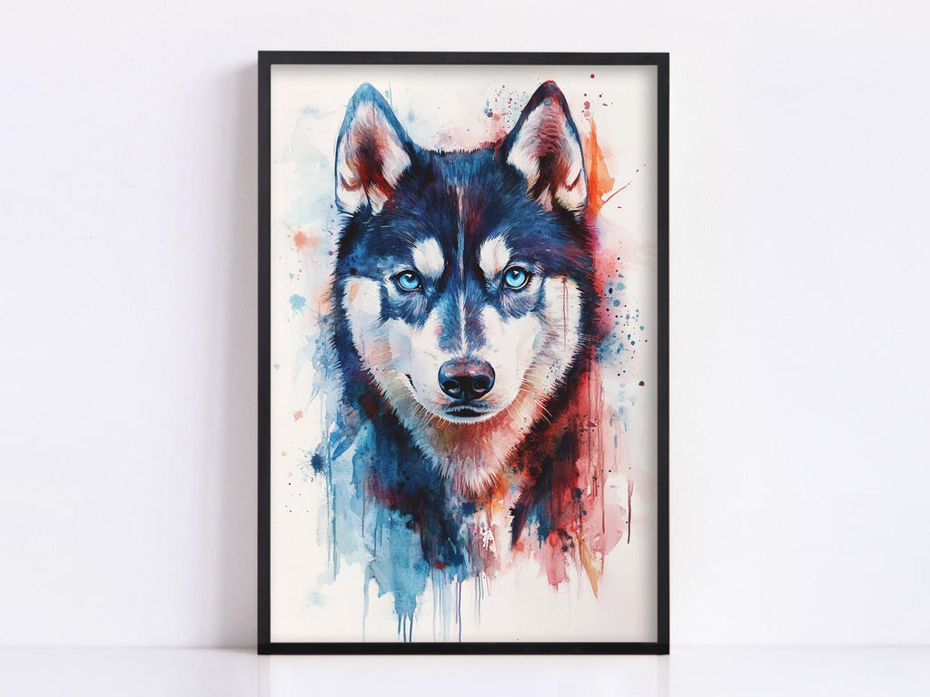 A framed watercolor painting depicting a close-up of a husky dog's face, with vibrant splashes of color and brushstrokes creating a dynamic and expressive visual.