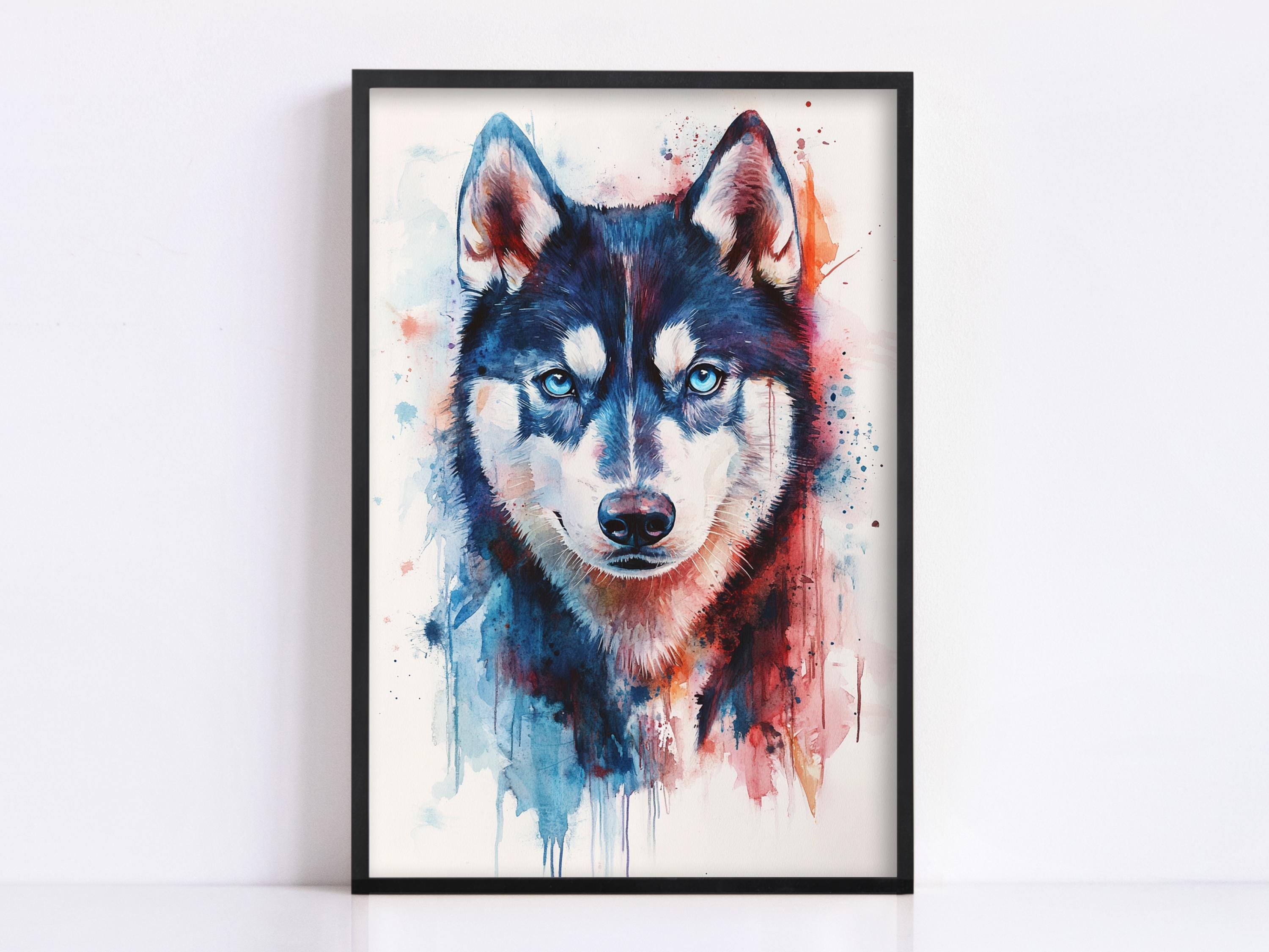 A framed watercolor painting depicting a close-up of a husky dog's face, with vibrant splashes of color and brushstrokes creating a dynamic and expressive visual.