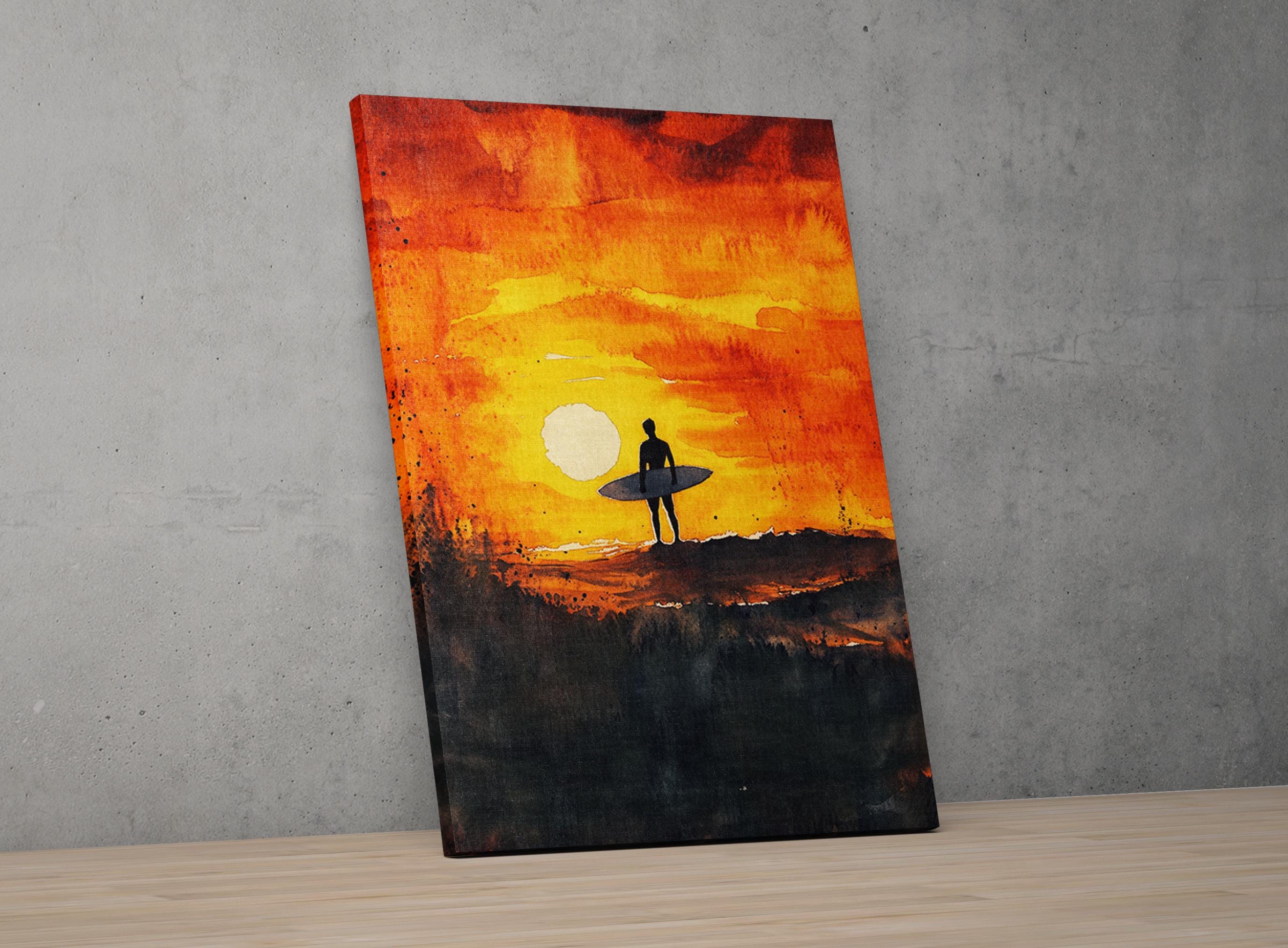 The image is a painting depicting a surfer standing on a cliff, silhouetted against a vibrant sunset.