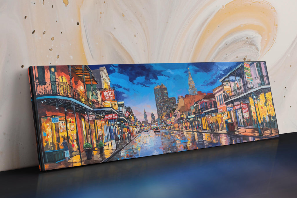 a painting of a city street at night
