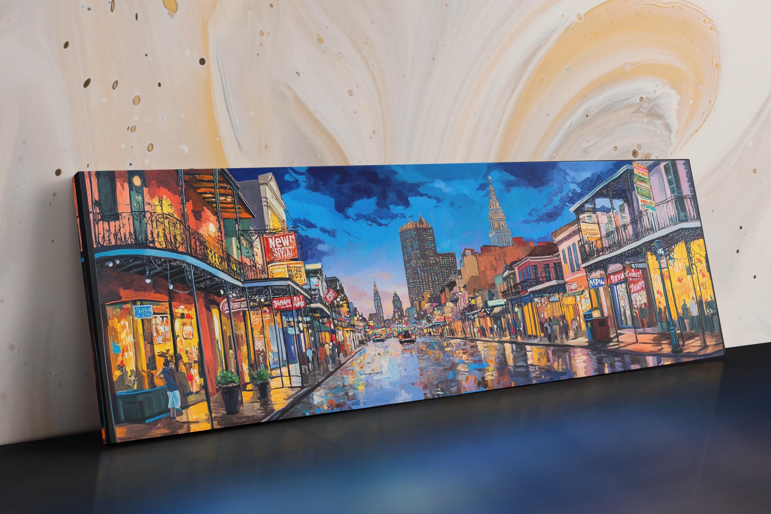 a painting of a city street at night