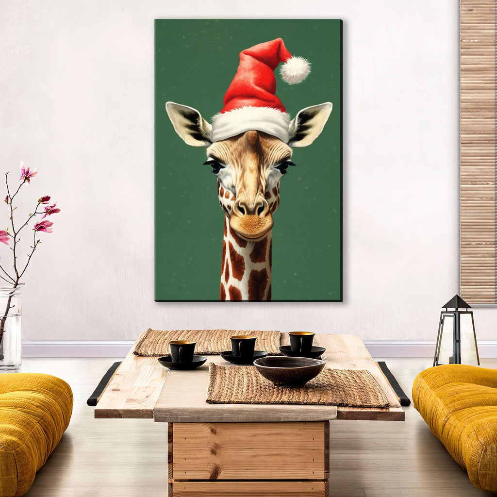 Christmas Canvas Art – Whimsical Giraffe in Santa Hat | Norman Rockwell Style Holiday Decor