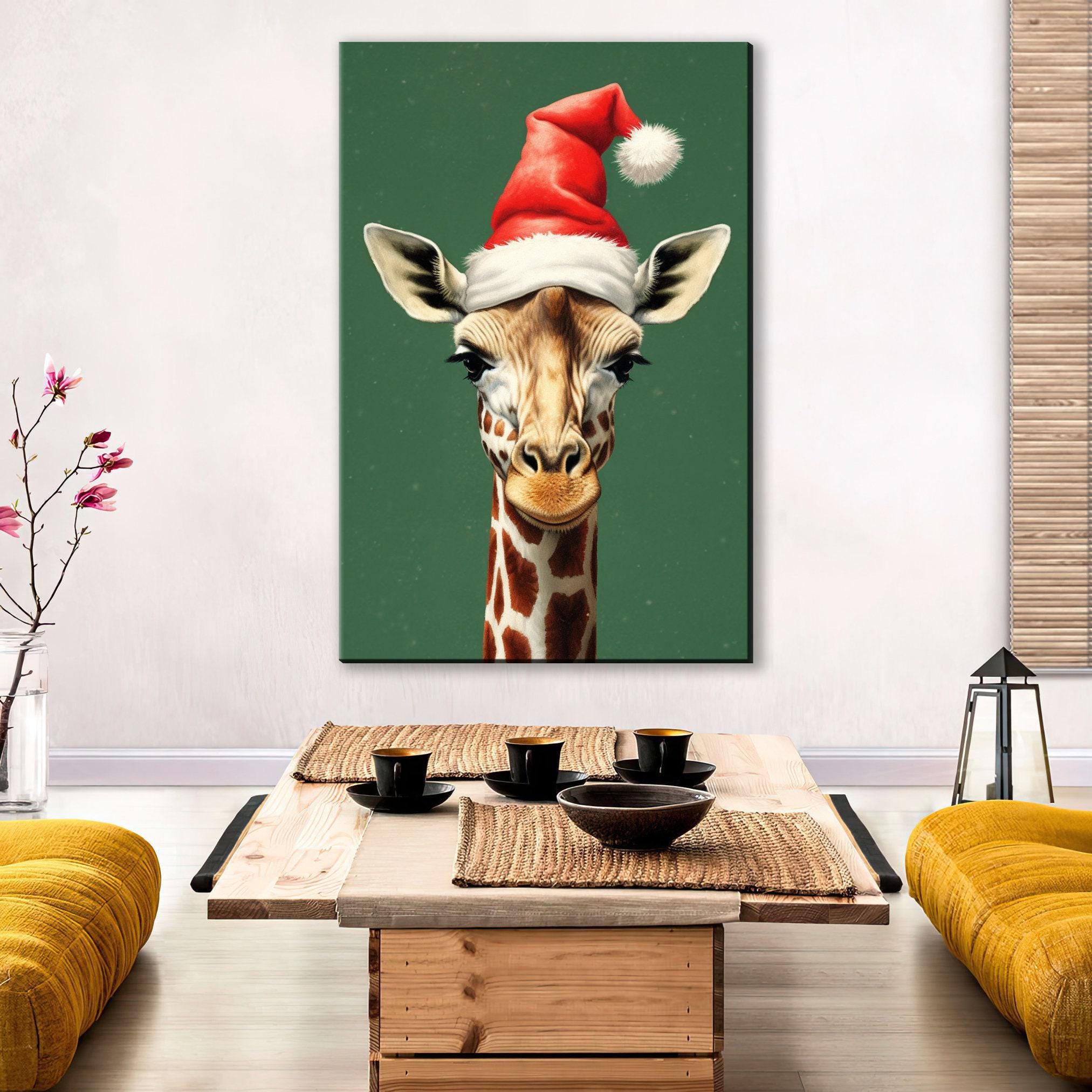 Christmas Canvas Art – Whimsical Giraffe in Santa Hat | Norman Rockwell Style Holiday Decor
