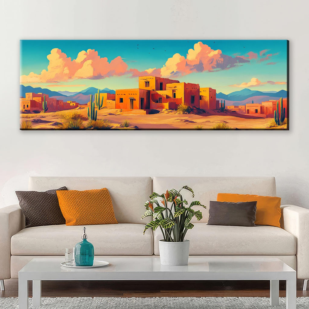 a living room with a couch and a painting on the wall