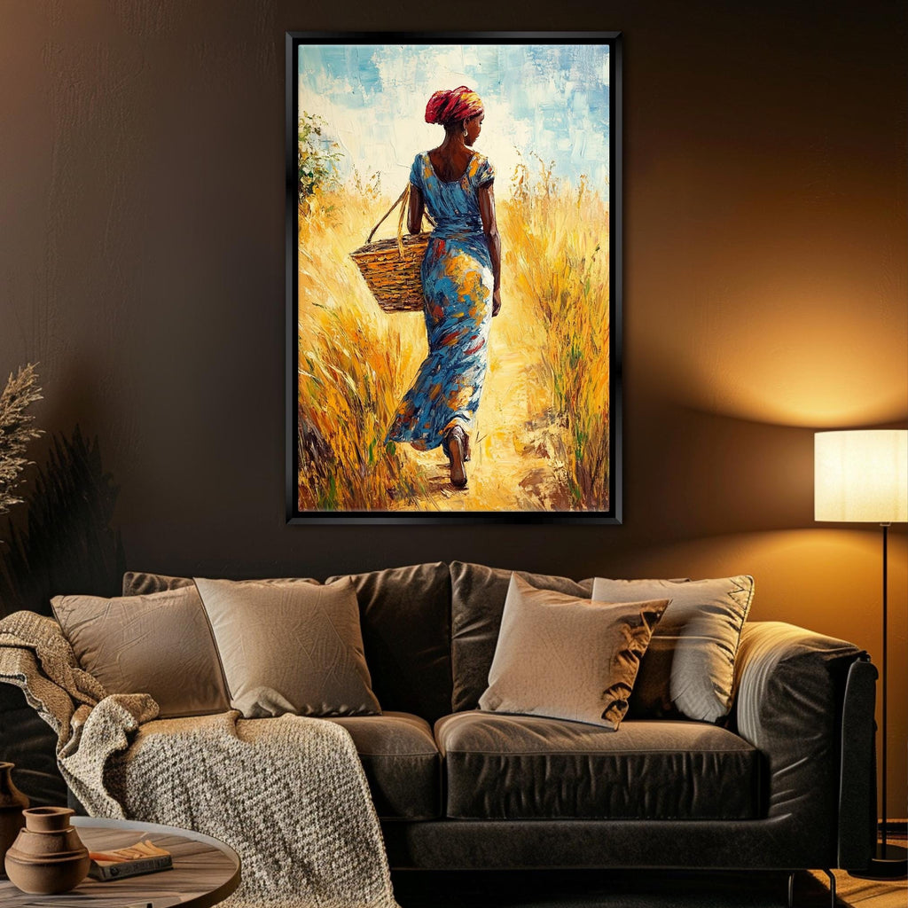 a painting of a woman carrying a basket in a living room