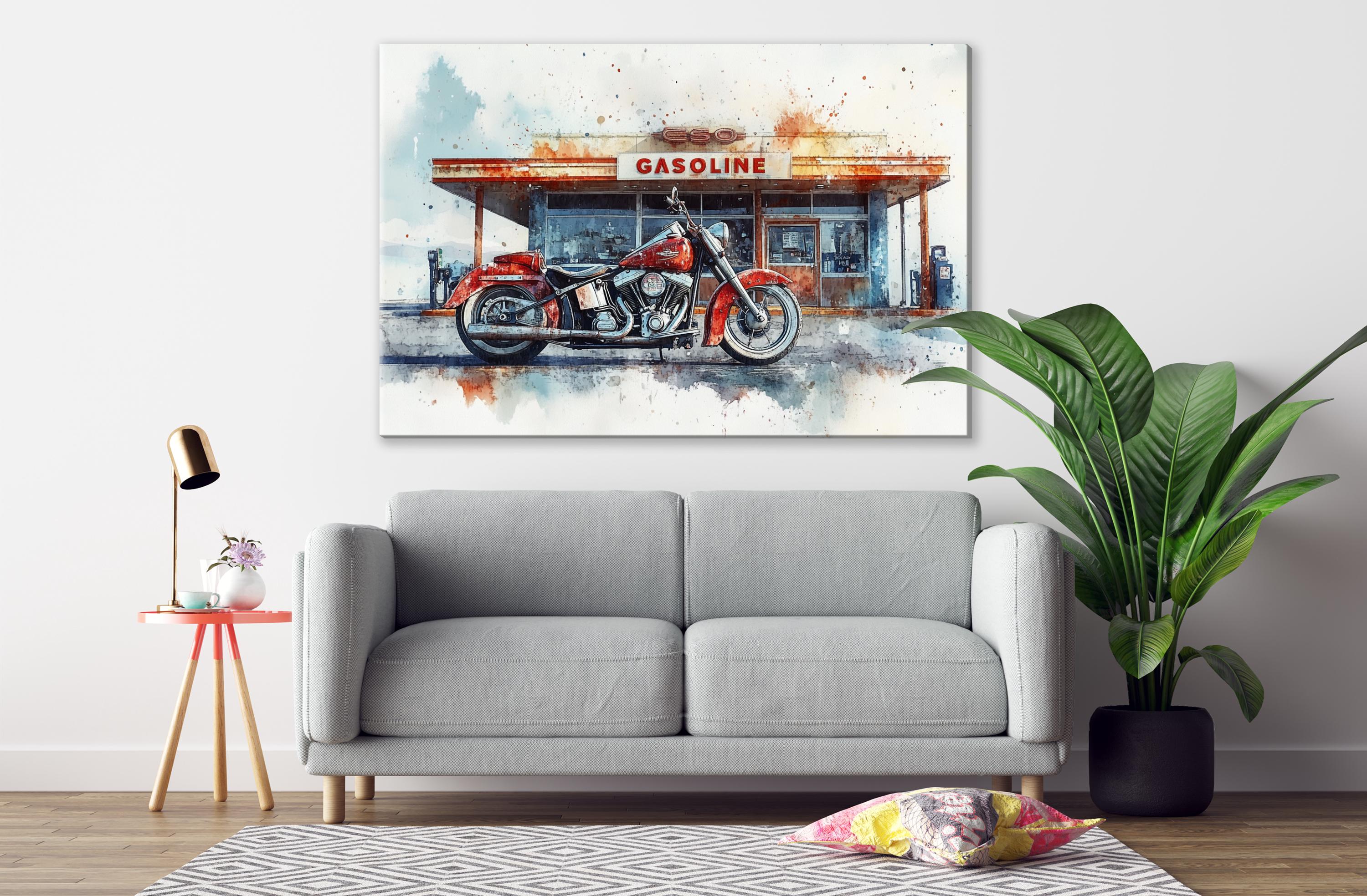 a gray sofa in a living room with a large painting of a red motorcycle in front of a gas station on the wall above it.