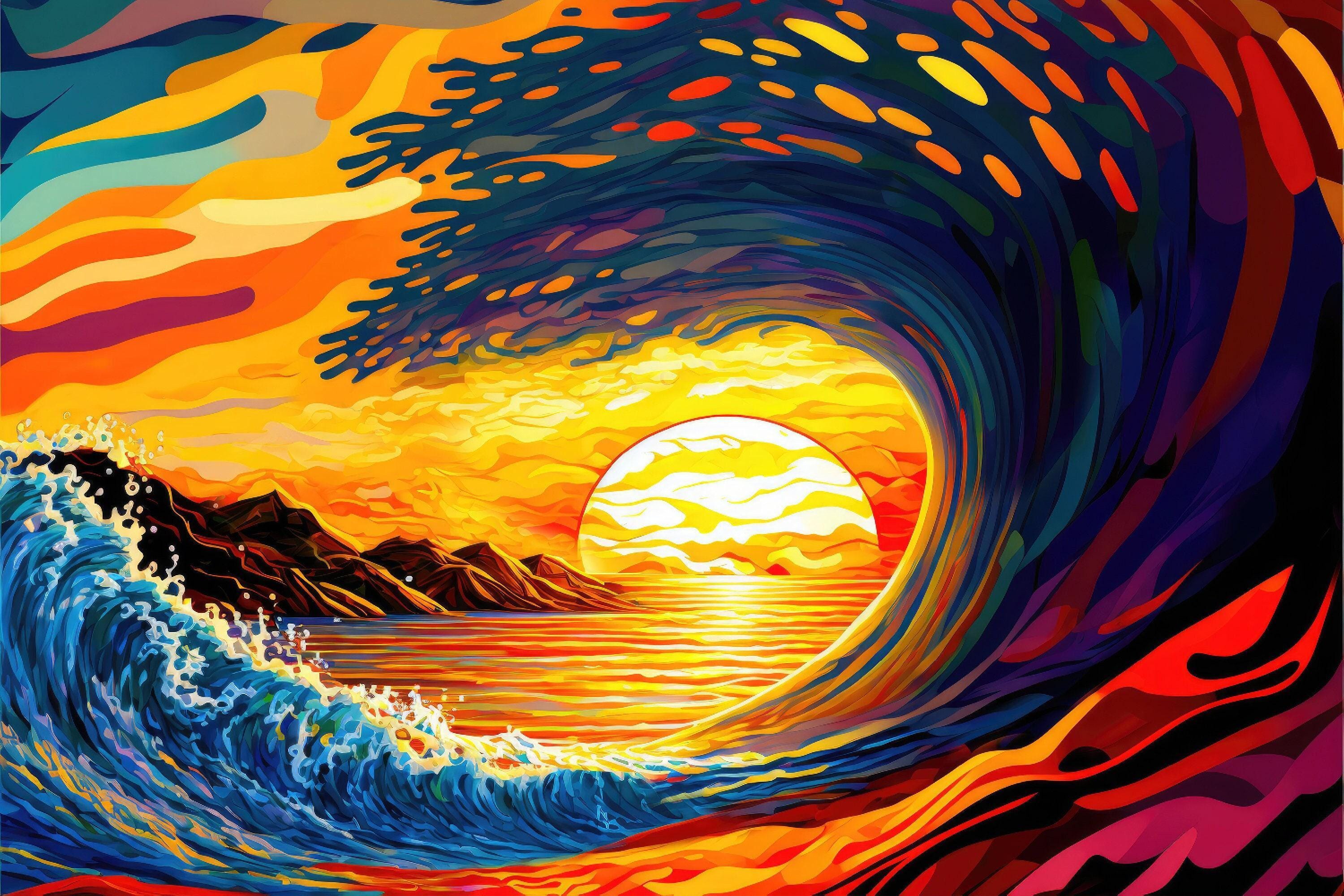 Ocean Wave Art Print - Surf Canvas Print | California Surf Art | Sunset Pipeline Painting