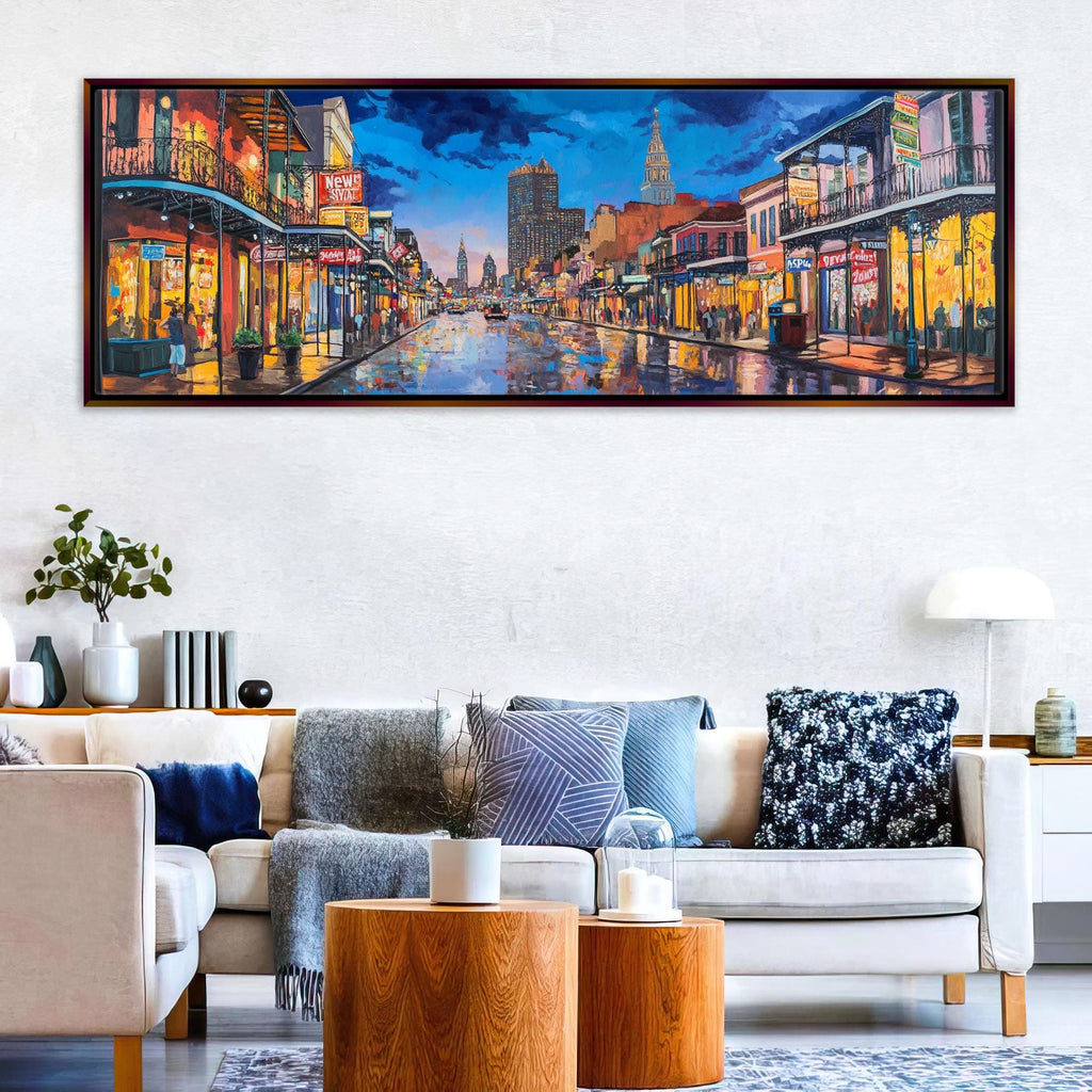 a living room with a couch and a painting on the wall