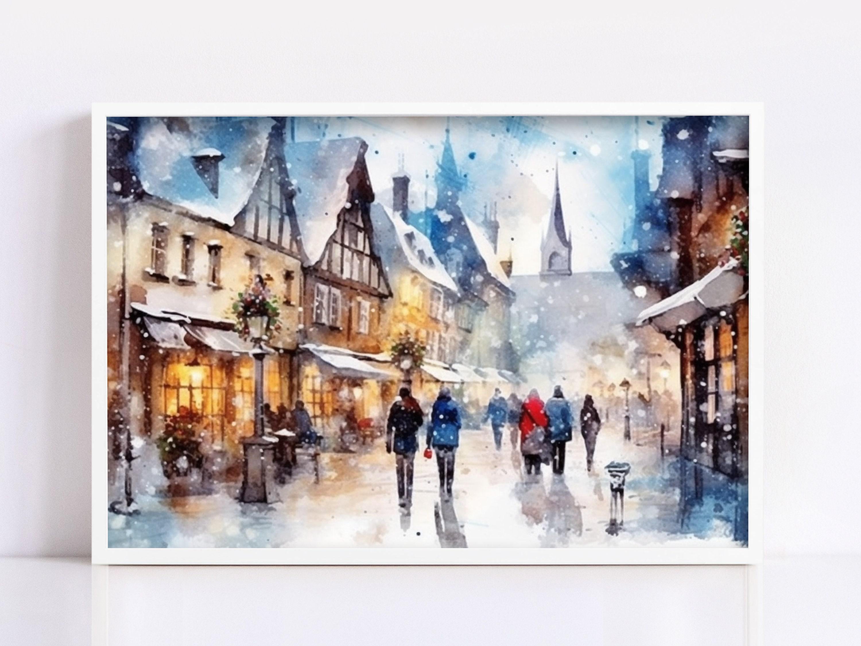 Watercolor Christmas Village - Festive Winter Decor, Giclee Print on Canvas, Artist Paper, Watercolor Paper, Available in Extra Large Sizes