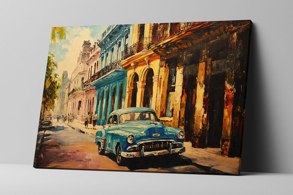 a painting of an old blue car on a city street
