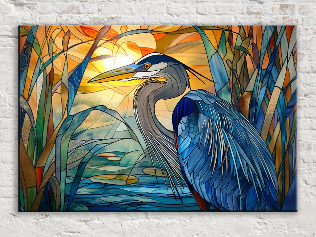 Blue Heron Canvas | Stained Glass Style Large Canvas Art - Coastal Bird Wall Decor