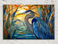 Blue Heron Canvas | Stained Glass Style Large Canvas Art - Coastal Bird Wall Decor