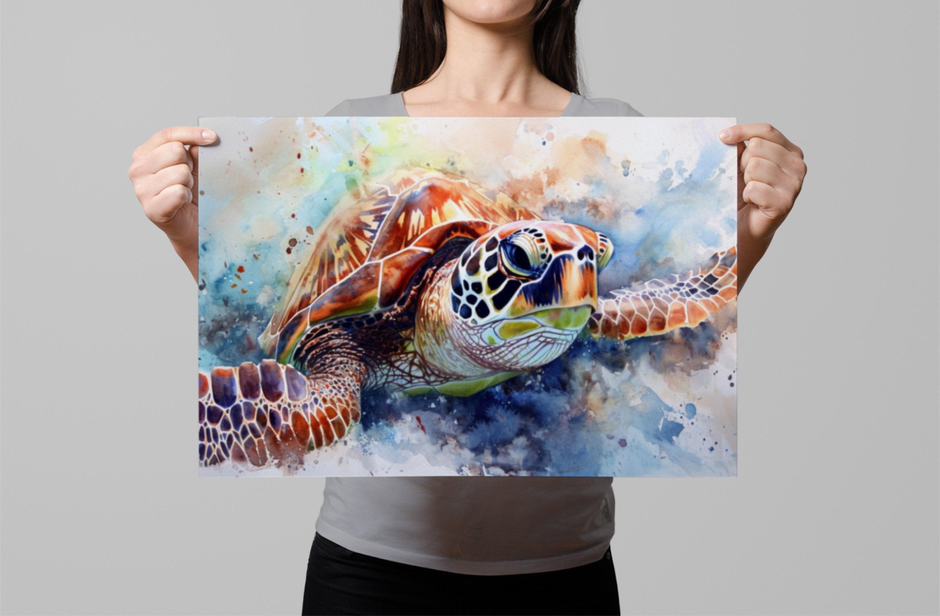 Playful Sea Turtle Watercolor Wall Art, Giclee Print on Canvas, Artist Paper, Watercolor Paper, Available in Extra Large Sizes