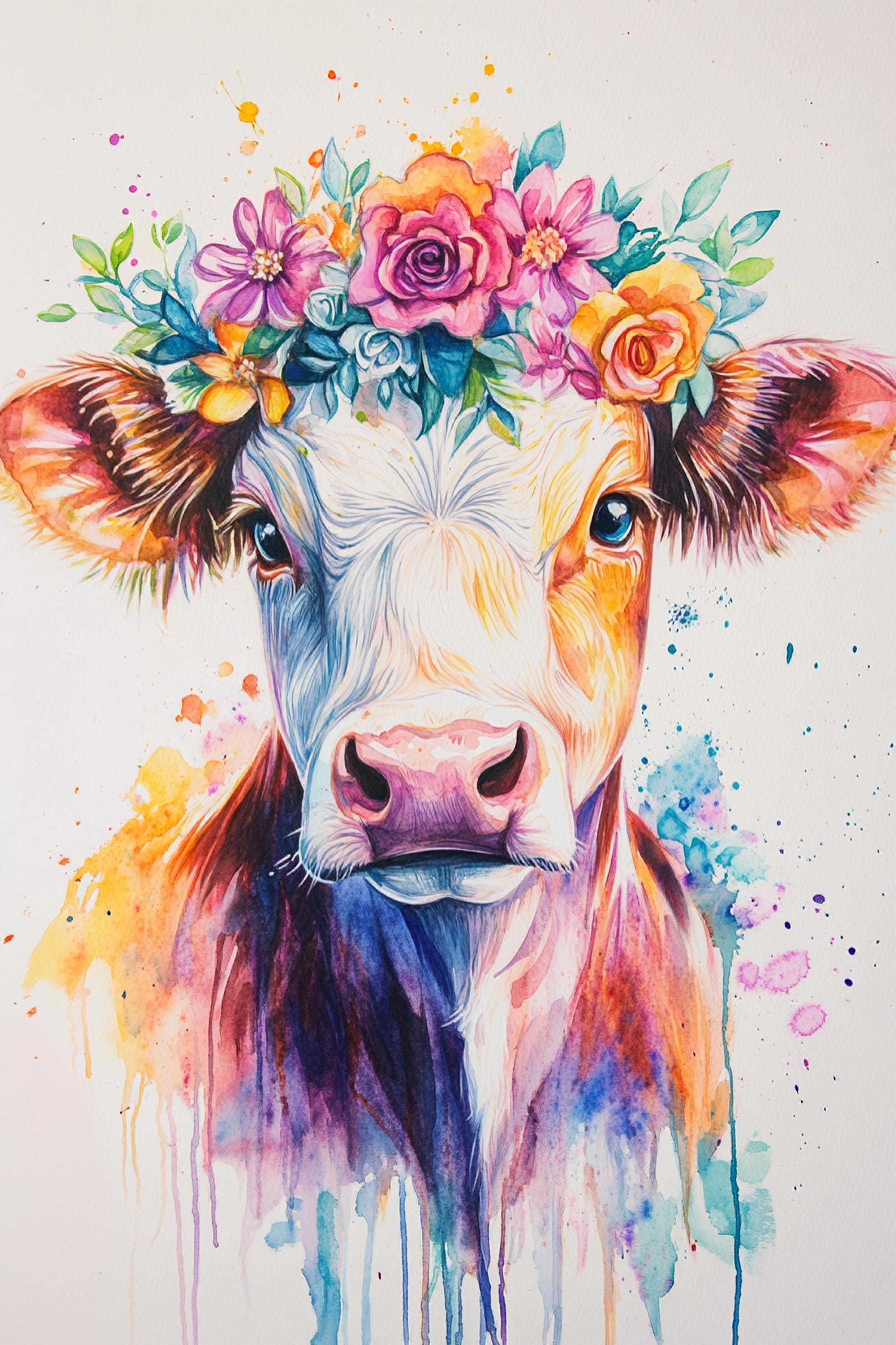 A colorful and whimsical painting of a cow adorned with a floral crown, featuring a variety of flowers and splashes of vibrant colors.