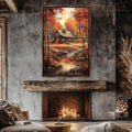 a cozy cabin nestled in a picturesque autumn landscape, with a warm fireplace and a comfortable seating area in the foreground.